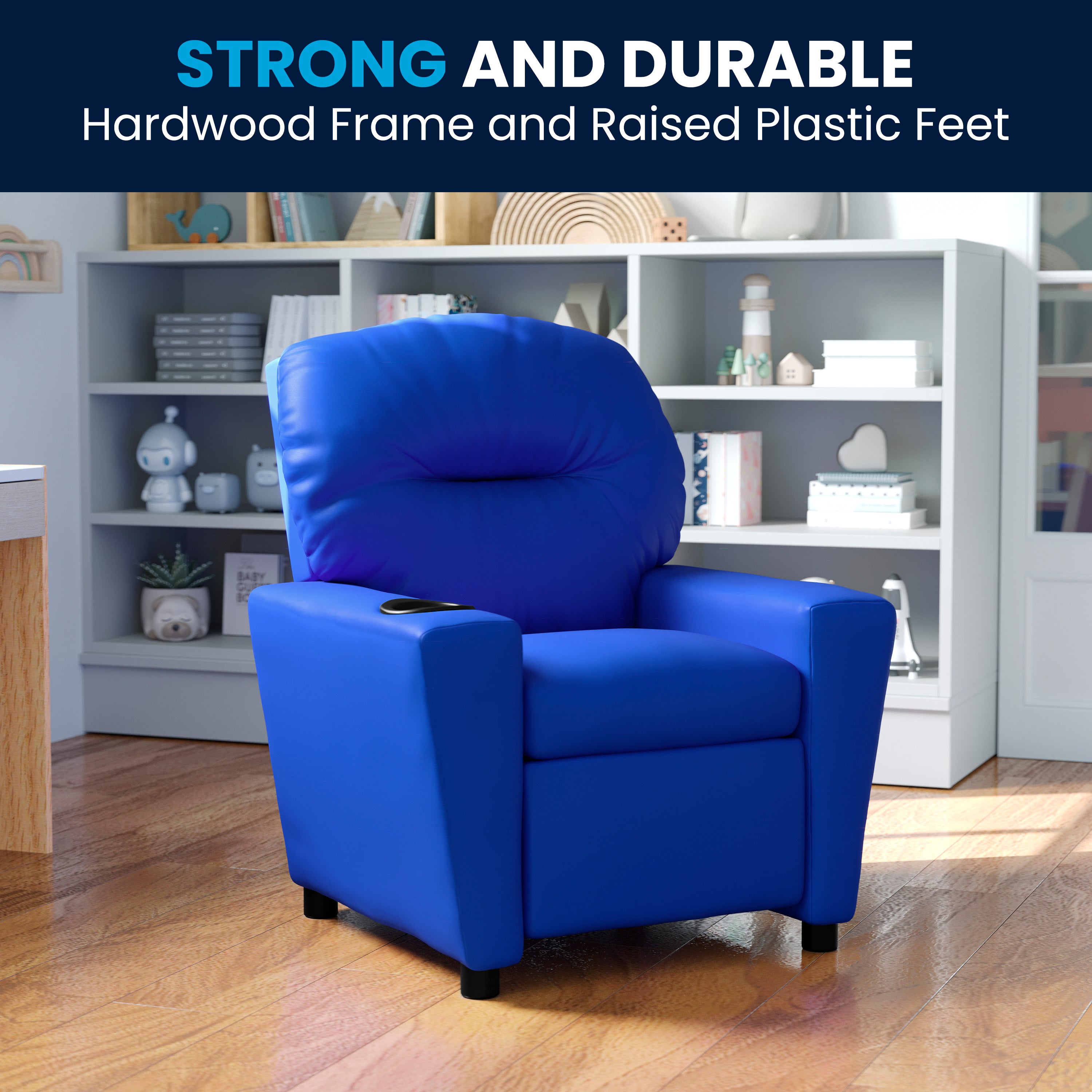 Chandler Contemporary Blue Vinyl Kids Recliner with Cup Holder