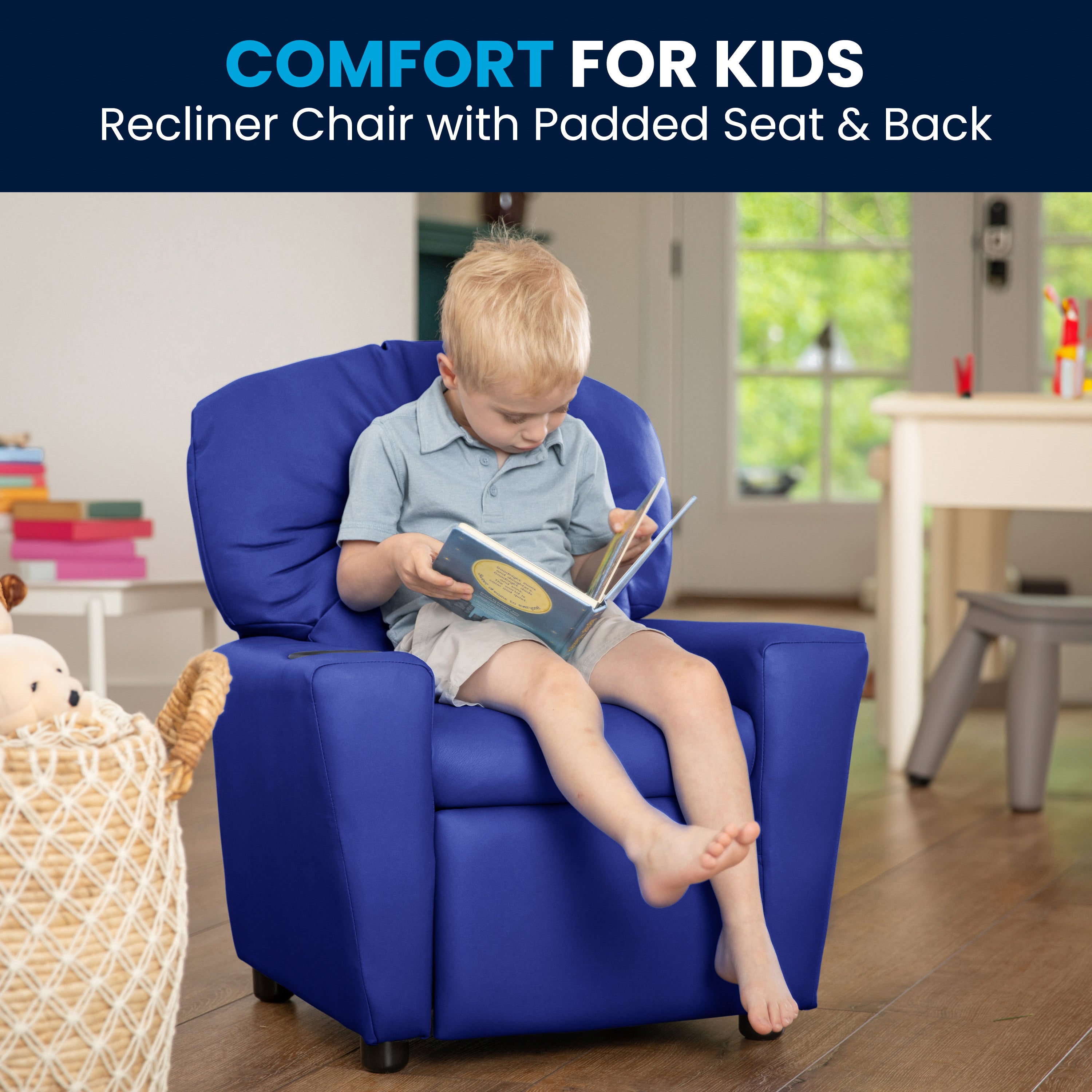 Chandler Contemporary Blue Vinyl Kids Recliner with Cup Holder
