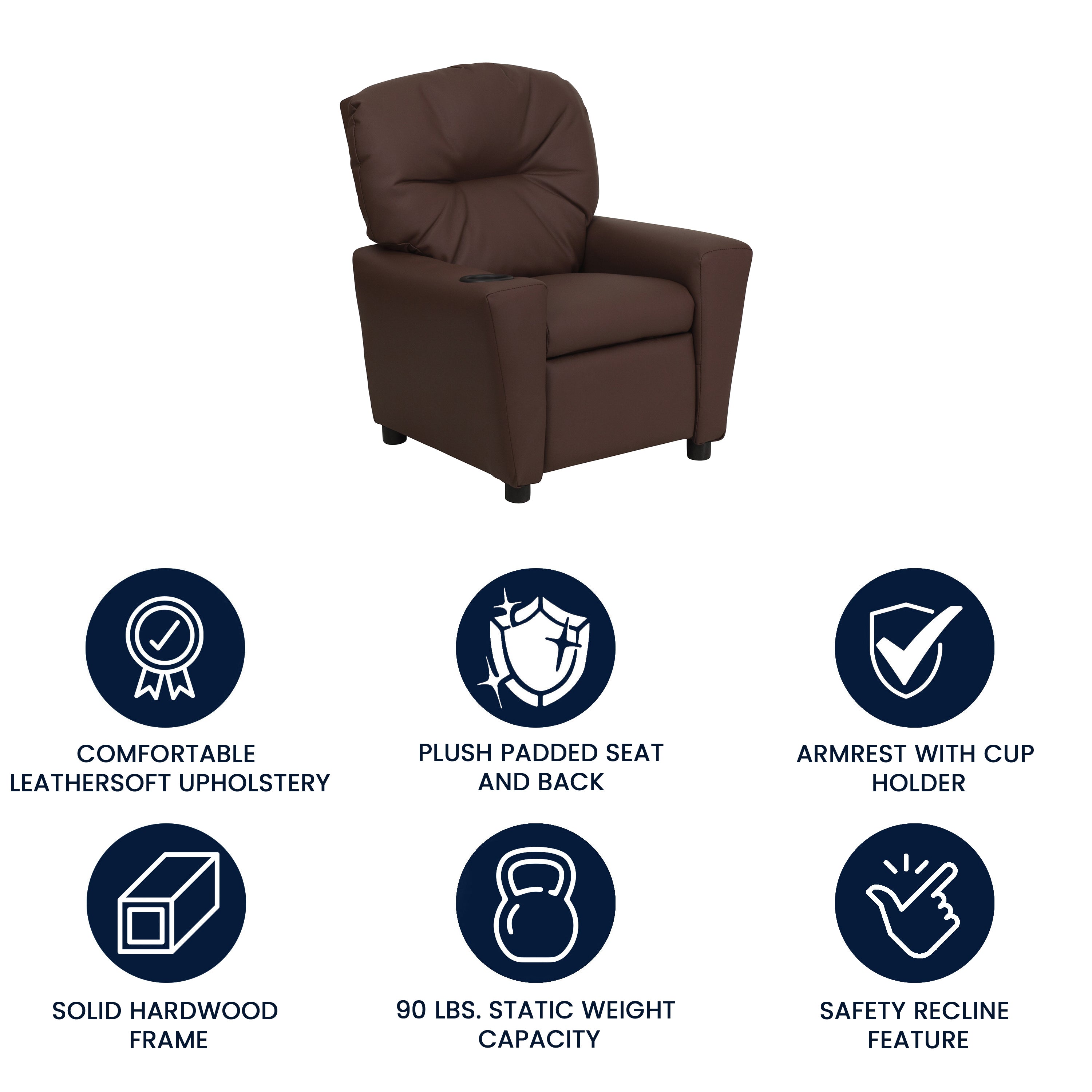 Chandler Contemporary Brown LeatherSoft Kids Recliner with Cup Holder