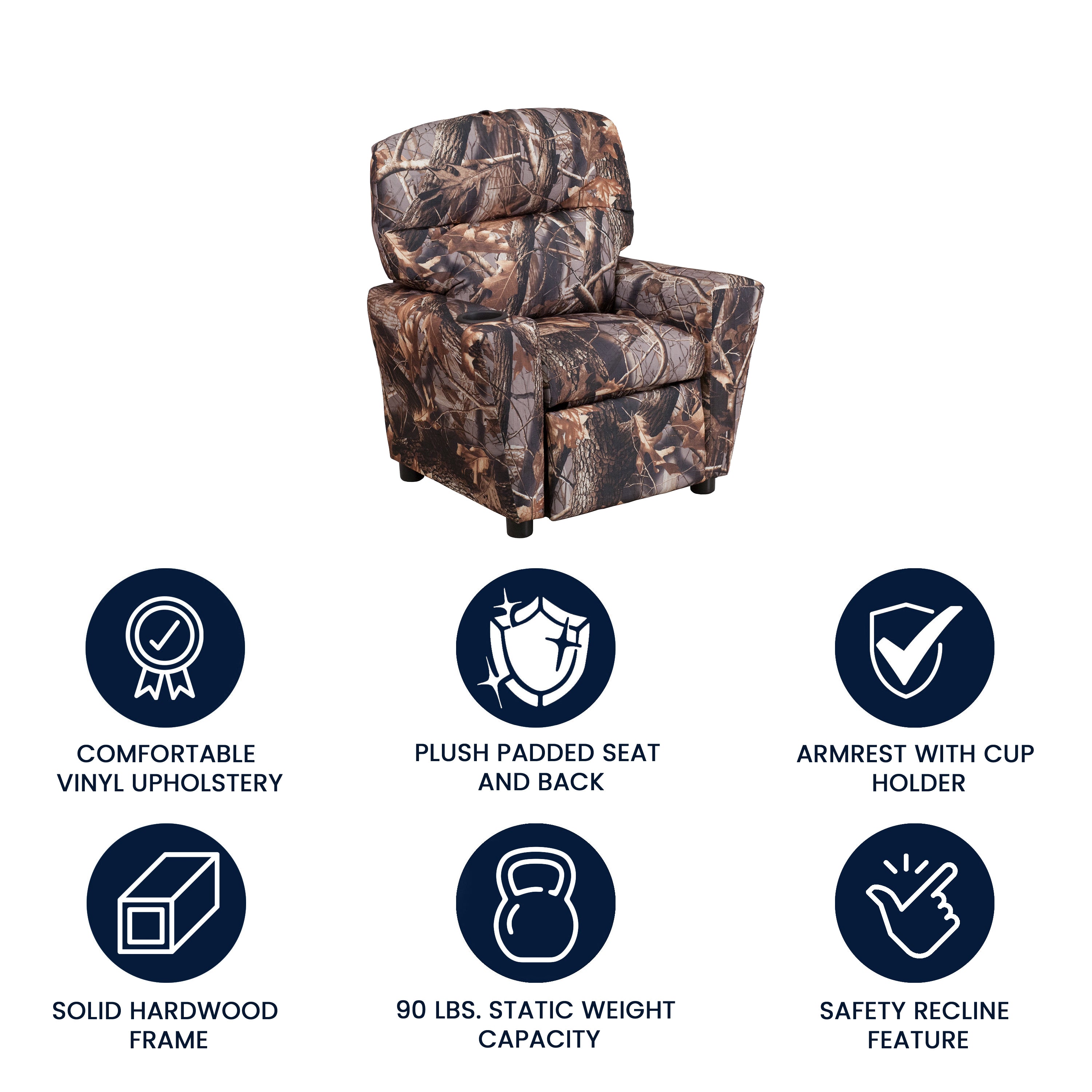 Chandler Contemporary Camouflaged Fabric Kids Recliner with Cup Holder