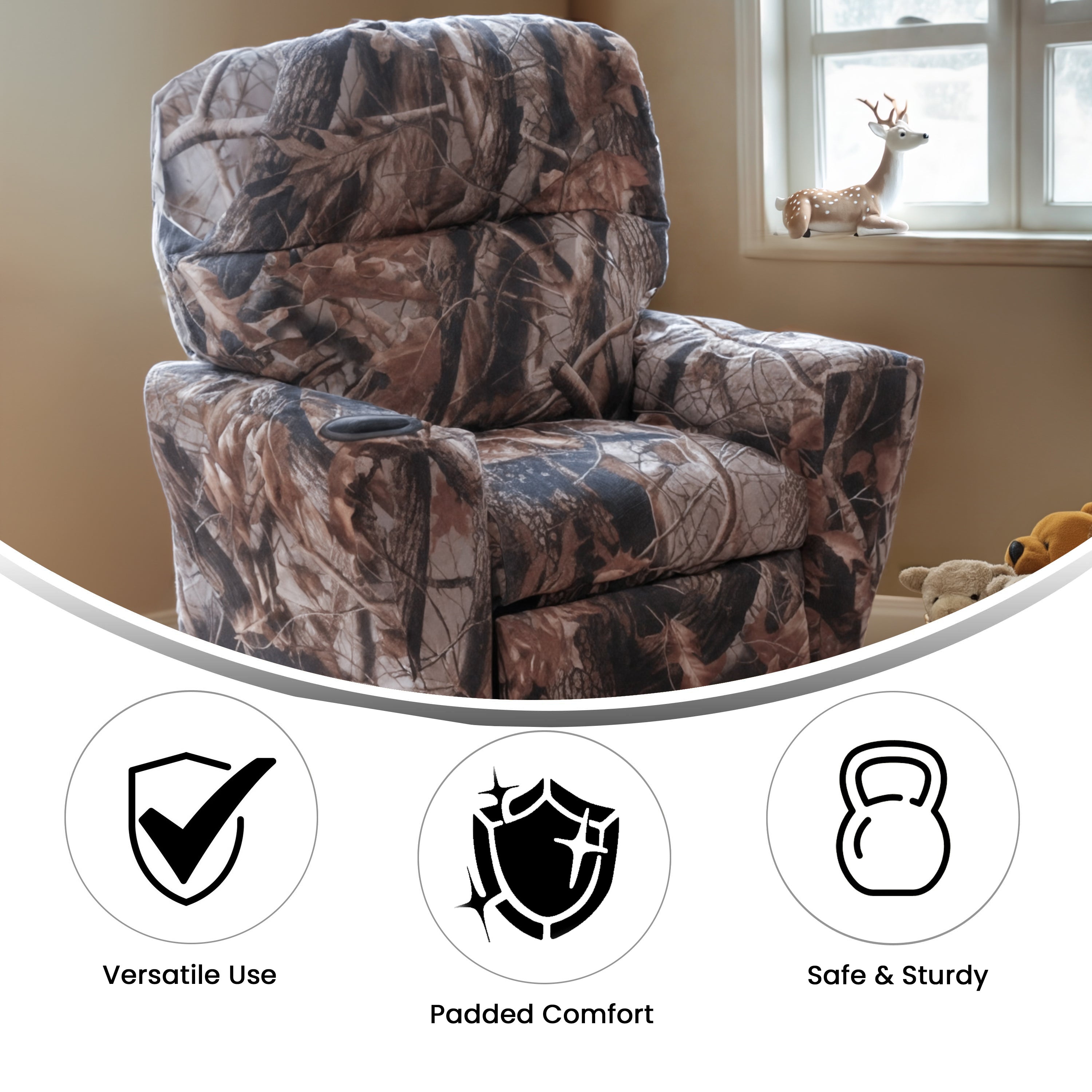 Chandler Contemporary Camouflaged Fabric Kids Recliner with Cup Holder