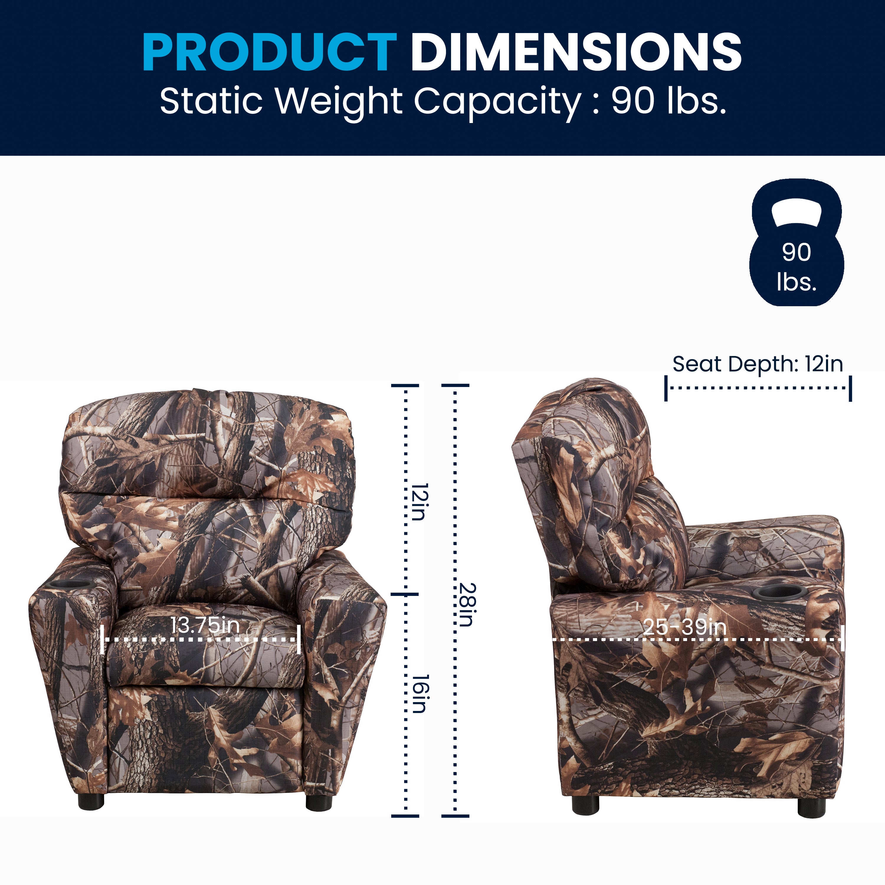 Chandler Contemporary Camouflaged Fabric Kids Recliner with Cup Holder