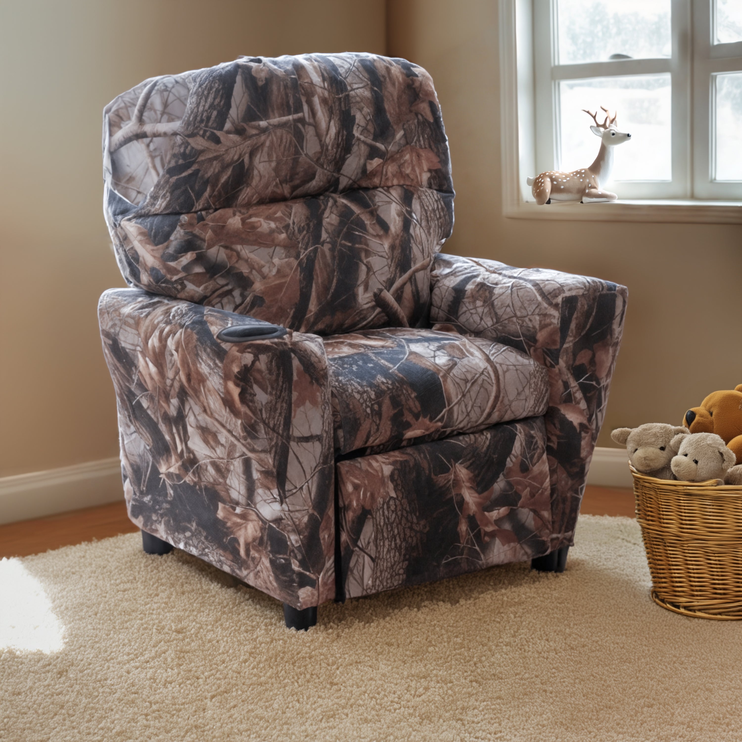 Chandler Contemporary Camouflaged Fabric Kids Recliner with Cup Holder