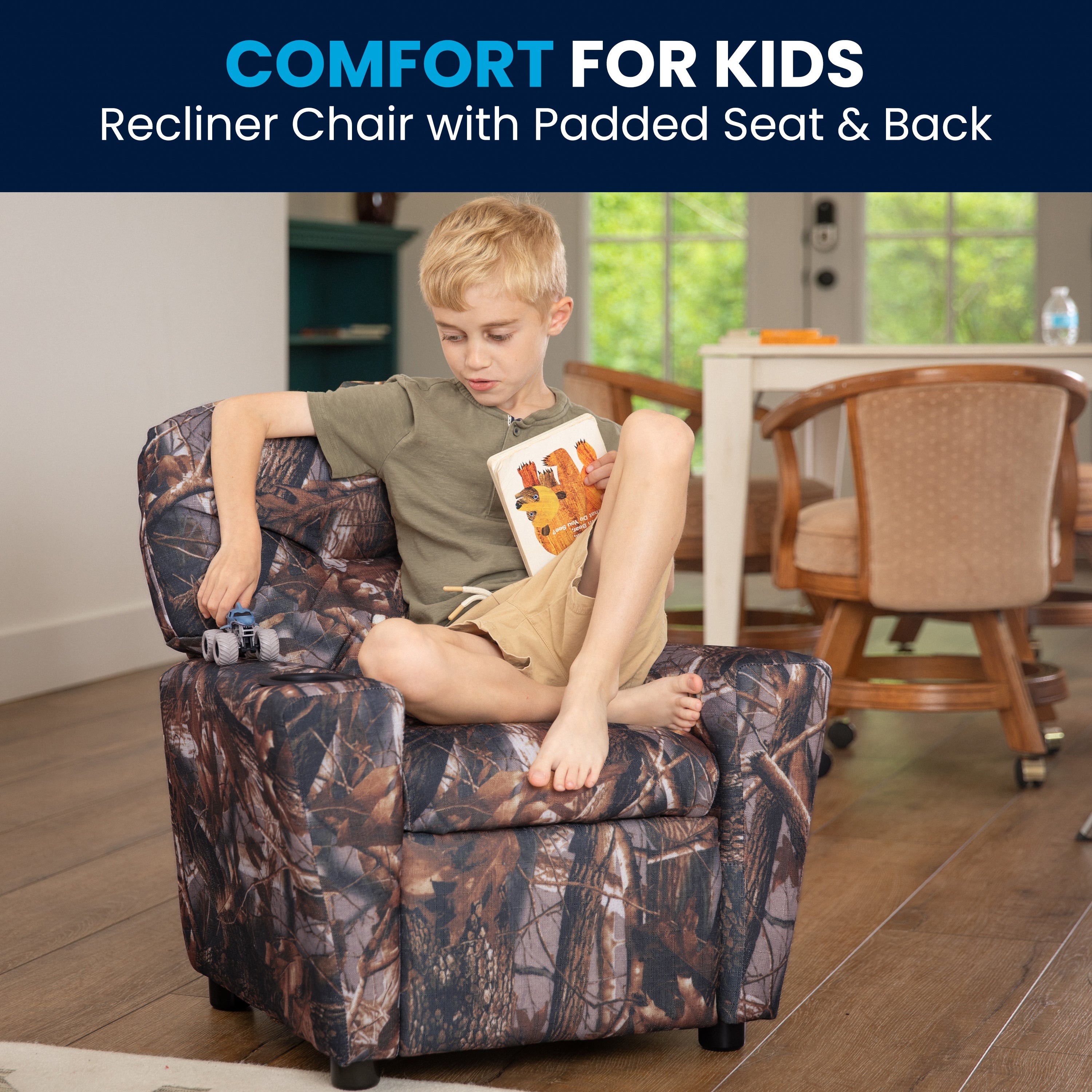 Chandler Contemporary Camouflaged Fabric Kids Recliner with Cup Holder