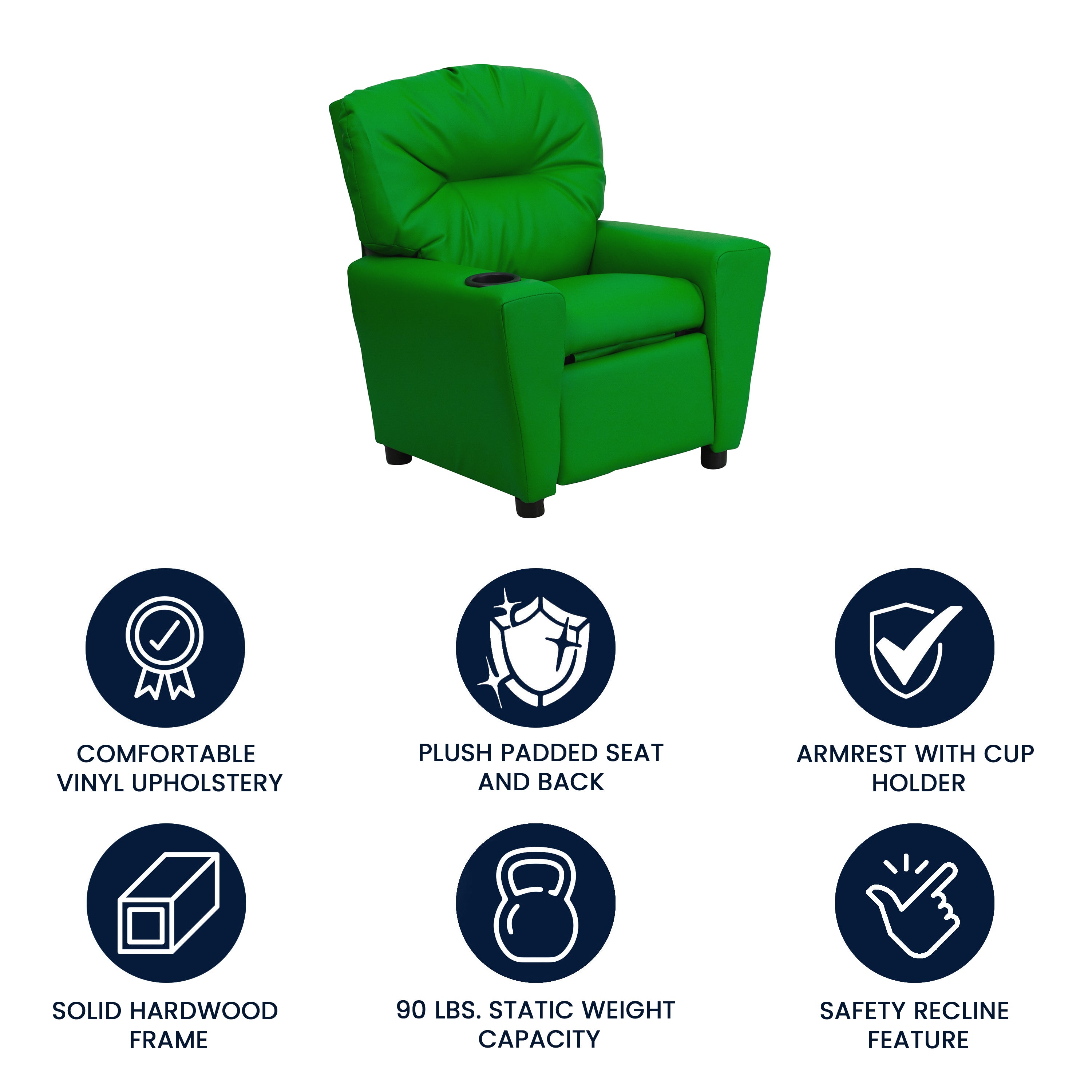 Chandler Contemporary Green Vinyl Kids Recliner with Cup Holder