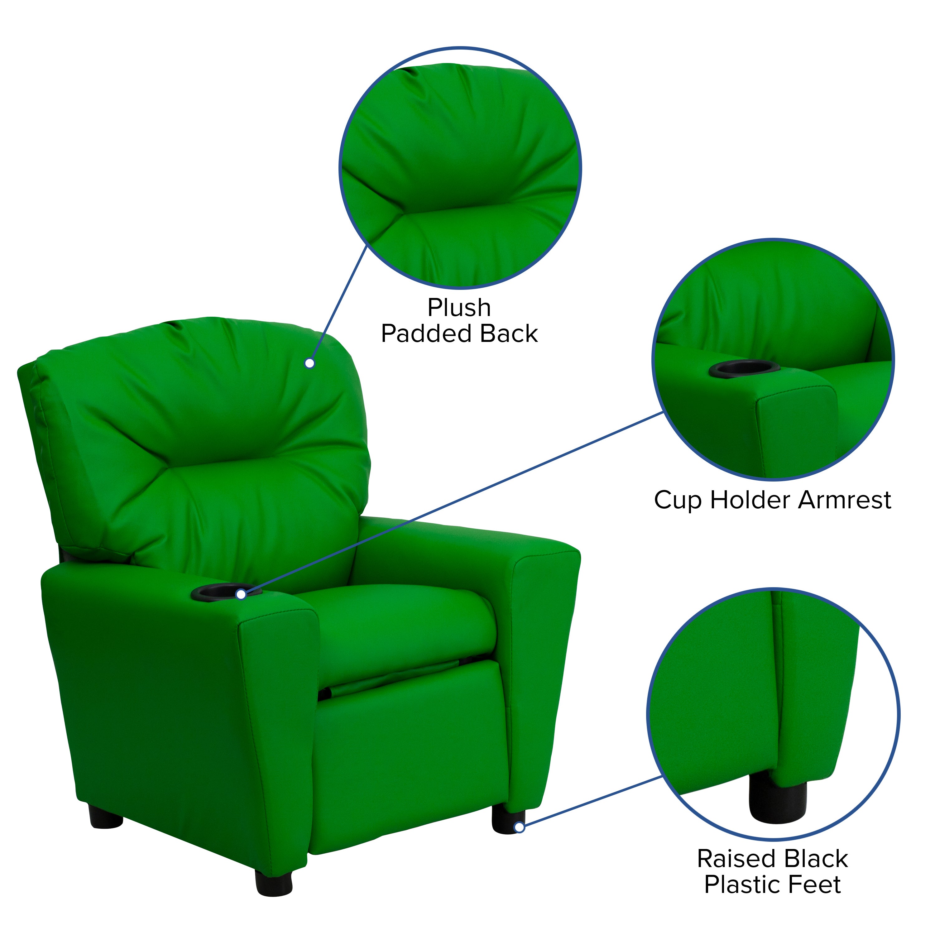 Chandler Contemporary Green Vinyl Kids Recliner with Cup Holder