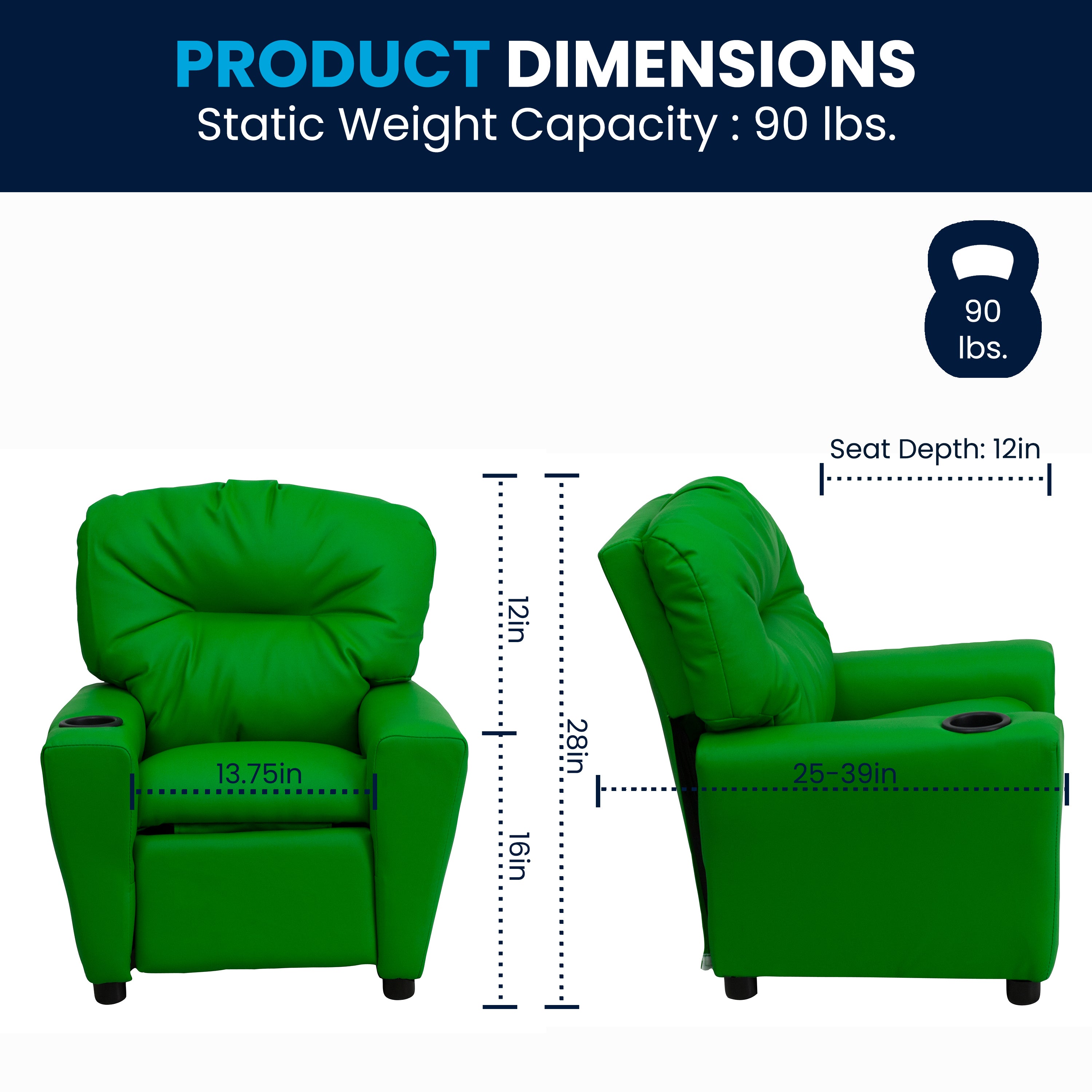 Chandler Contemporary Green Vinyl Kids Recliner with Cup Holder