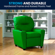 Chandler Contemporary Green Vinyl Kids Recliner with Cup Holder