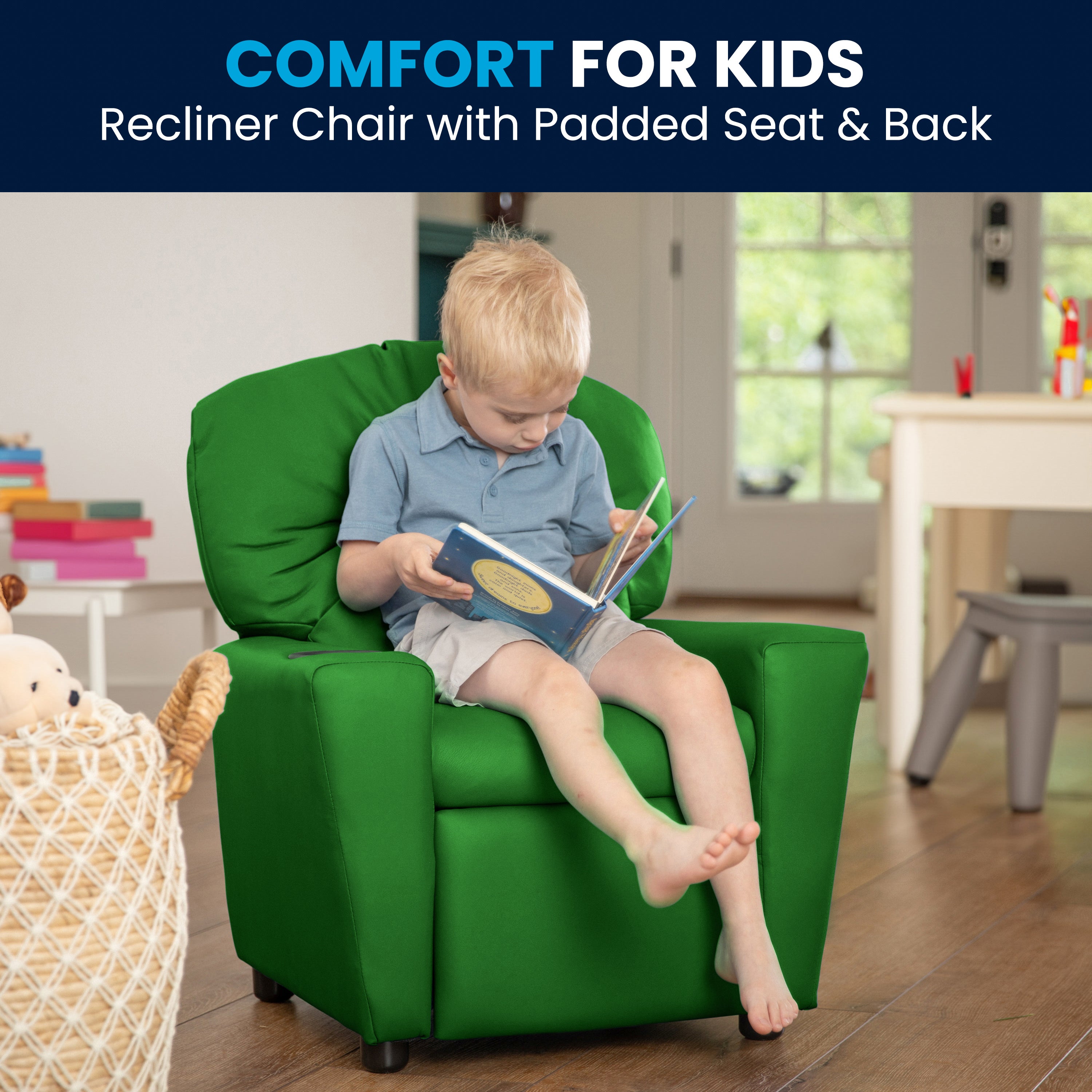 Chandler Contemporary Green Vinyl Kids Recliner with Cup Holder