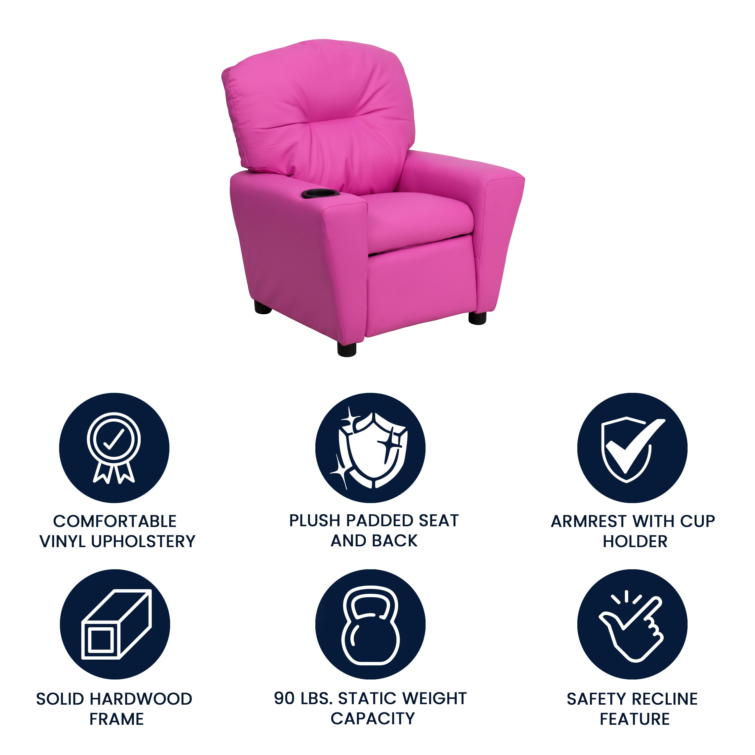 Chandler Contemporary Hot Pink Vinyl Kids Recliner with Cup Holder