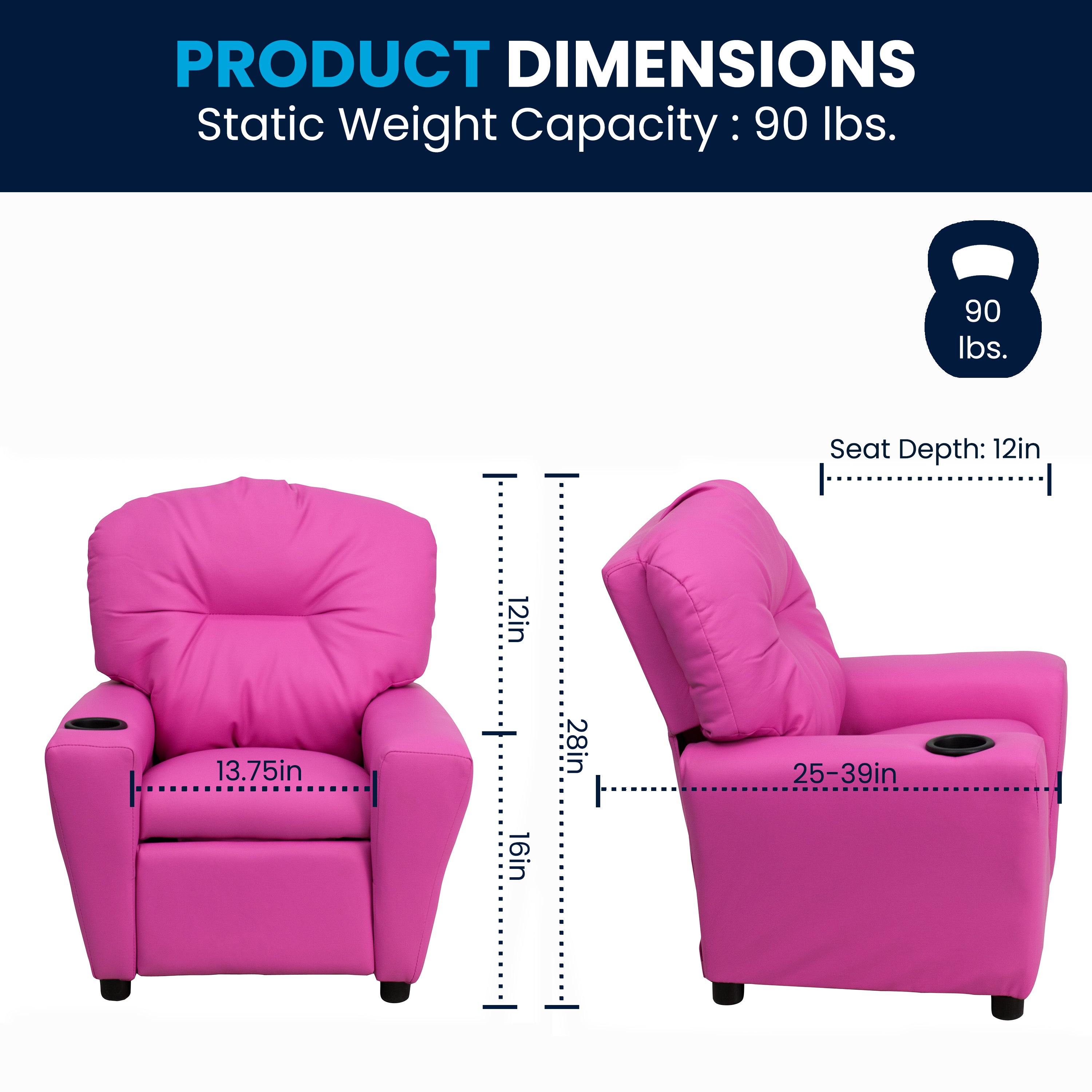 Chandler Contemporary Hot Pink Vinyl Kids Recliner with Cup Holder