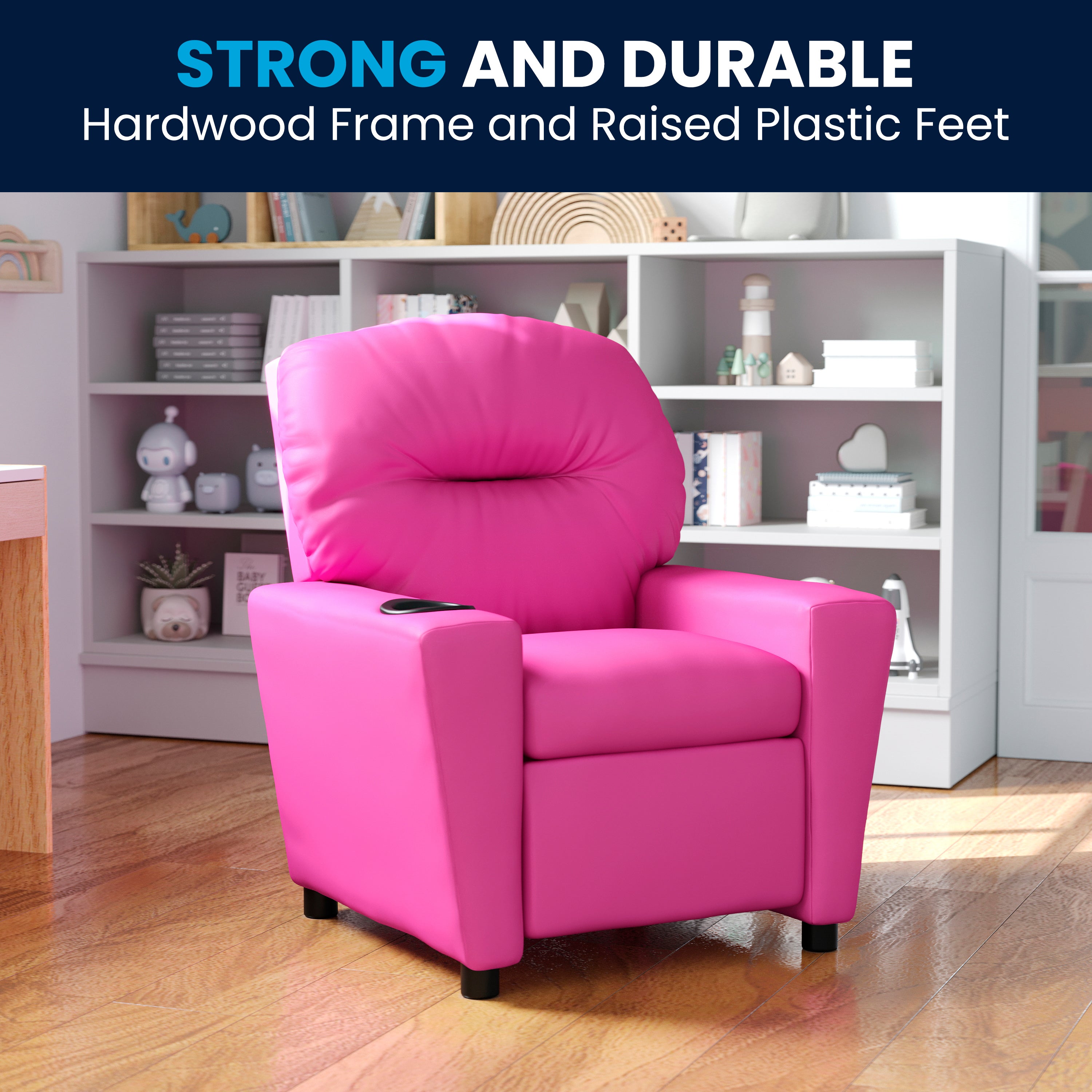 Chandler Contemporary Hot Pink Vinyl Kids Recliner with Cup Holder
