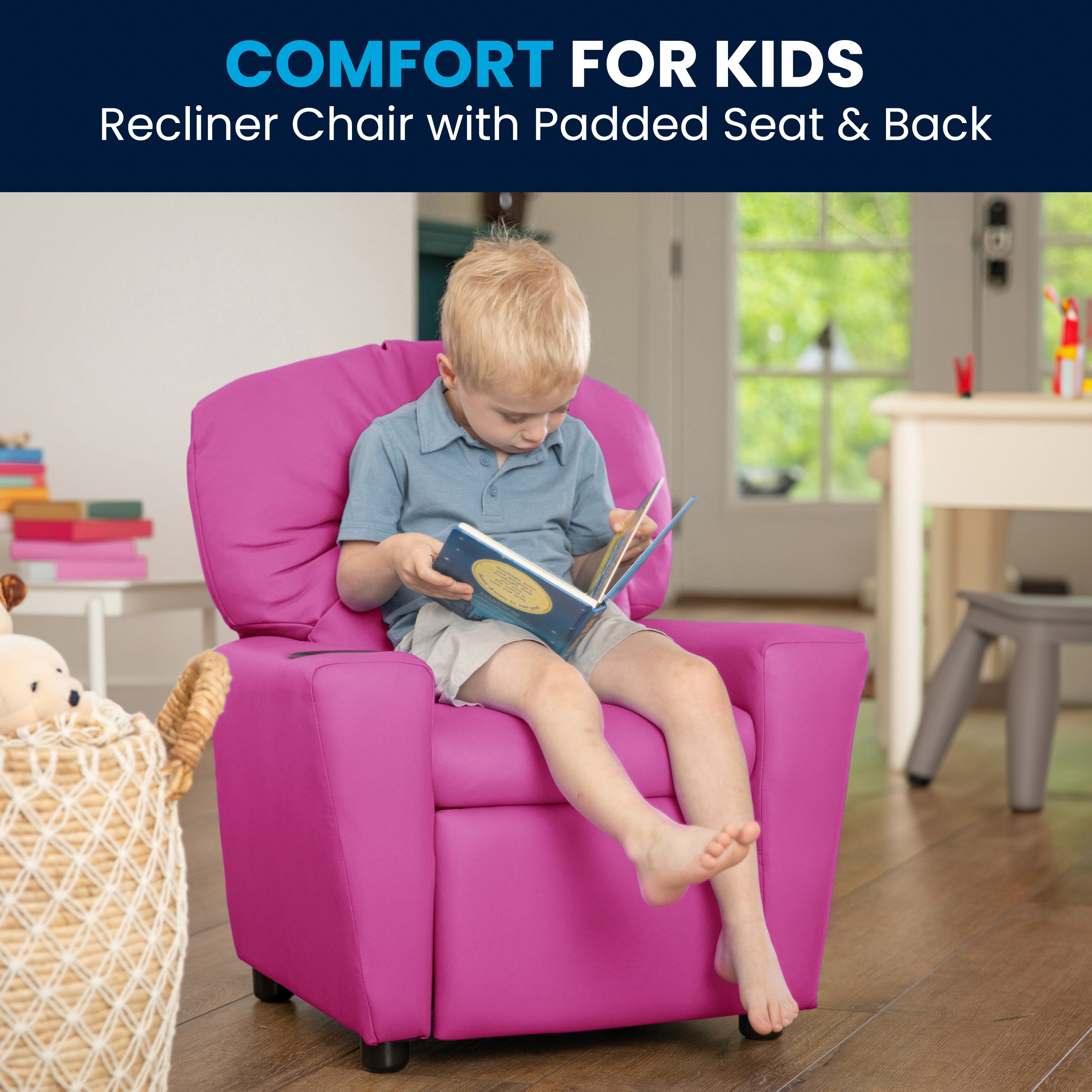 Chandler Contemporary Hot Pink Vinyl Kids Recliner with Cup Holder