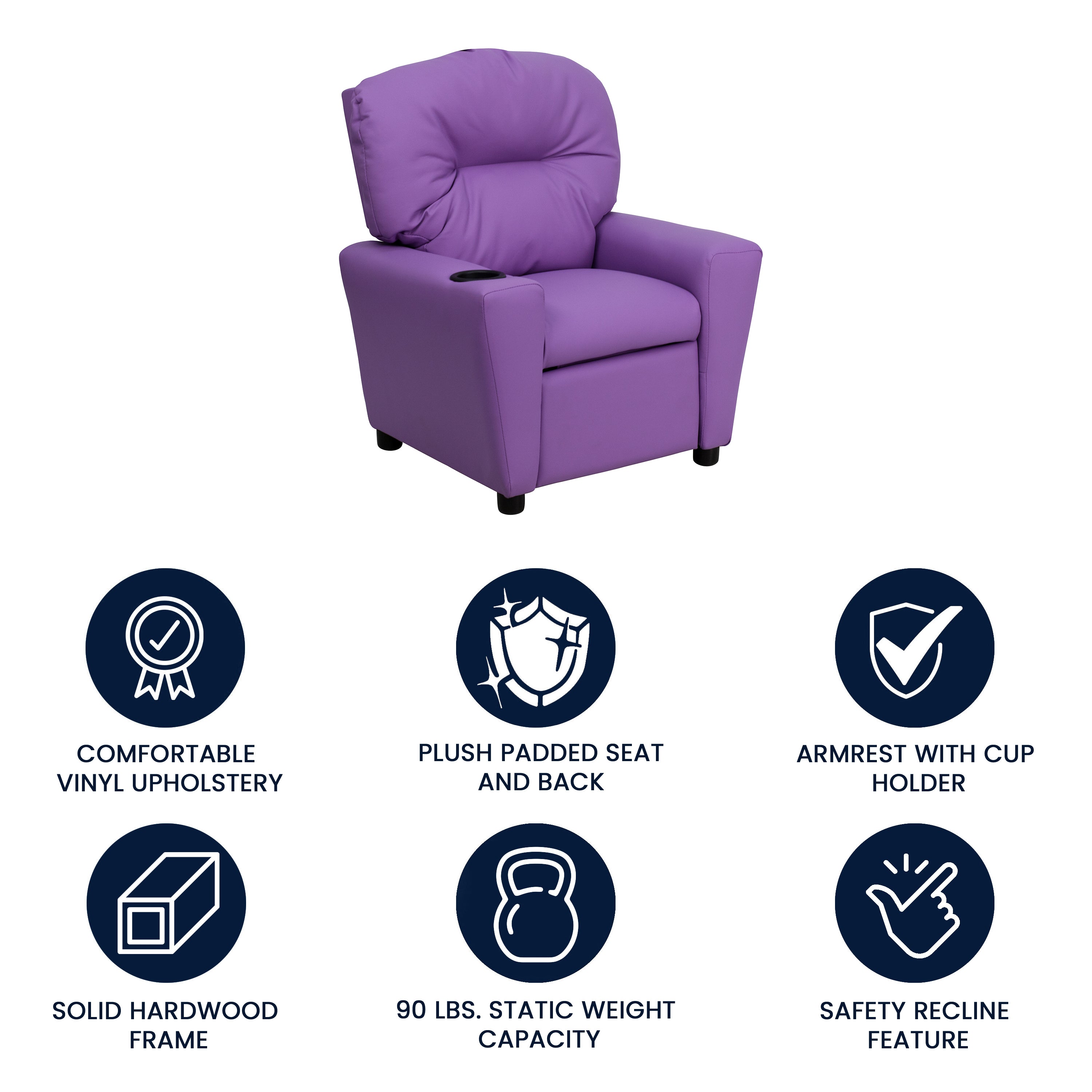 Chandler Contemporary Lavender Vinyl Kids Recliner with Cup Holder