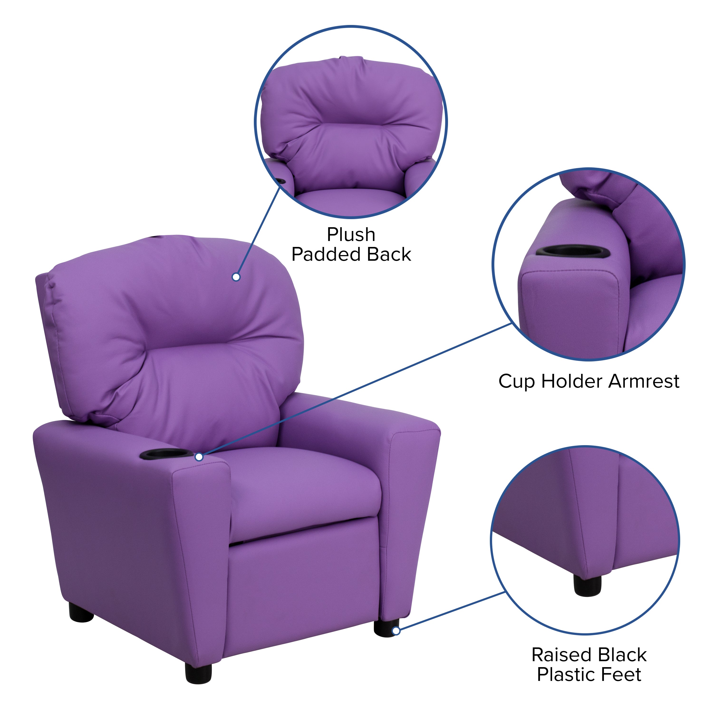 Chandler Contemporary Lavender Vinyl Kids Recliner with Cup Holder