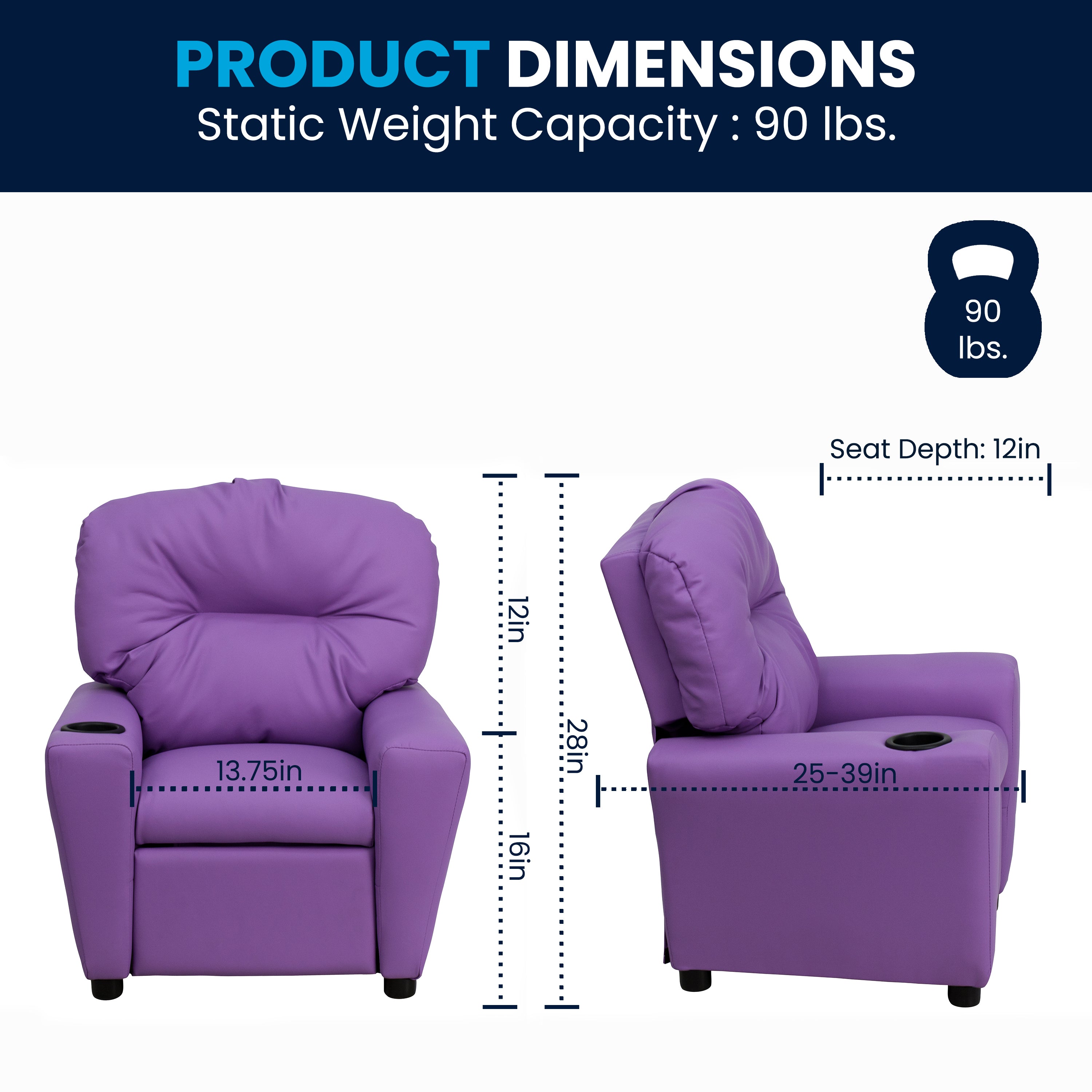 Chandler Contemporary Lavender Vinyl Kids Recliner with Cup Holder