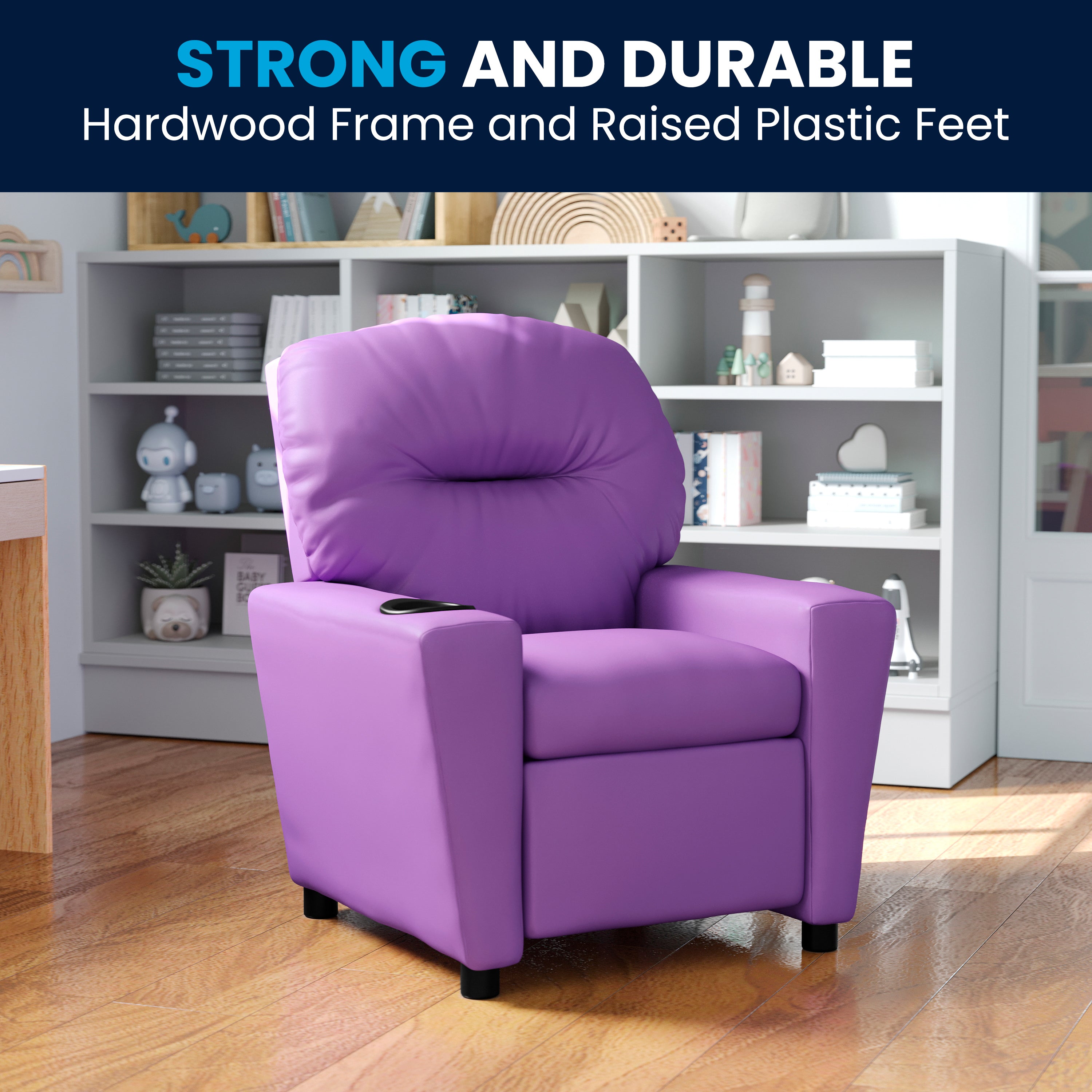 Chandler Contemporary Lavender Vinyl Kids Recliner with Cup Holder