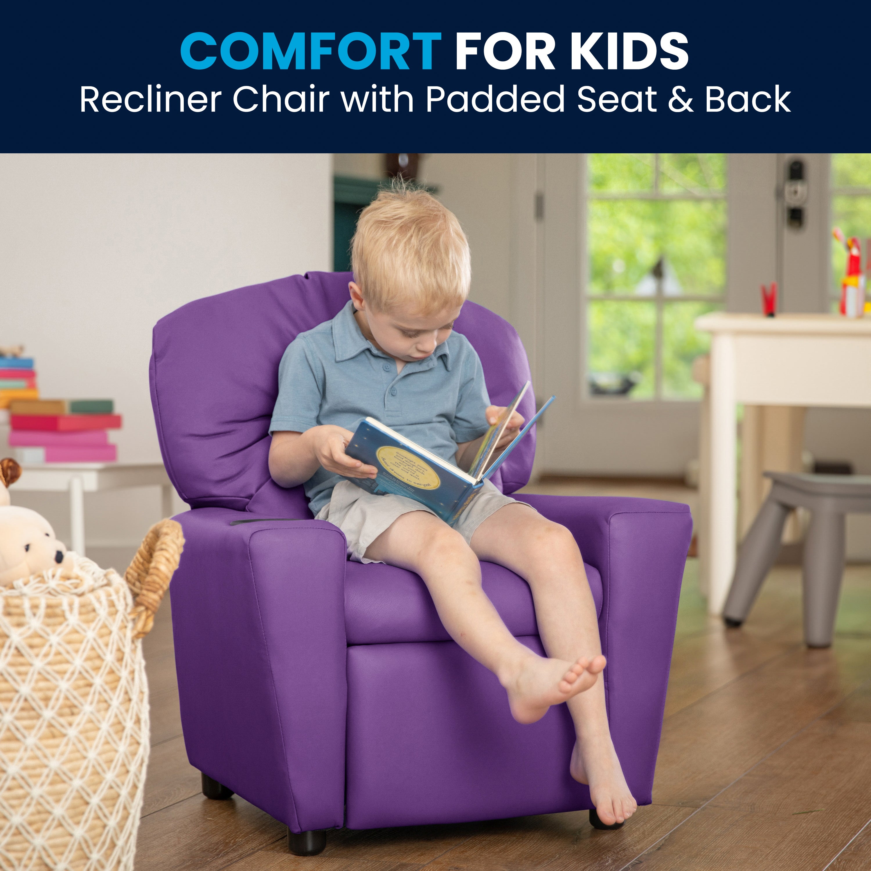 Chandler Contemporary Lavender Vinyl Kids Recliner with Cup Holder