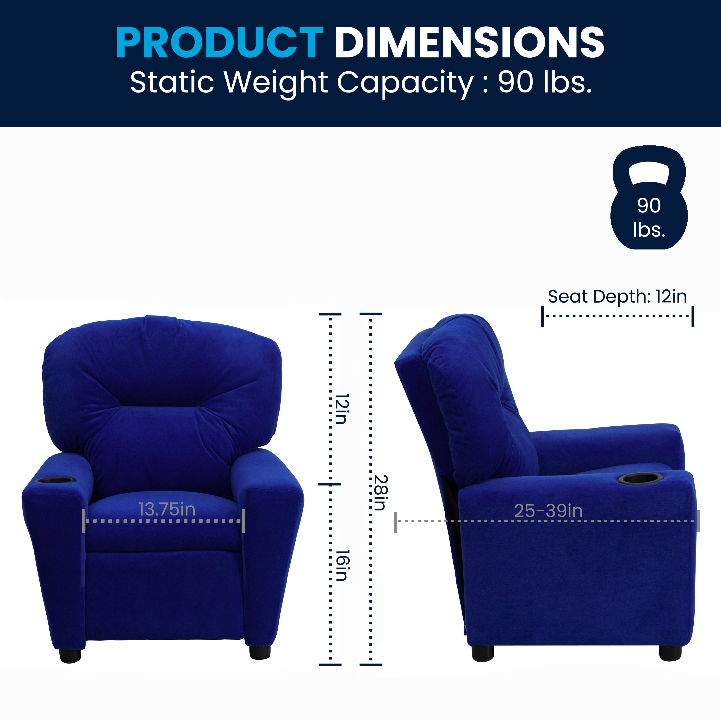 Chandler Contemporary Blue Microfiber Kids Recliner with Cup Holder