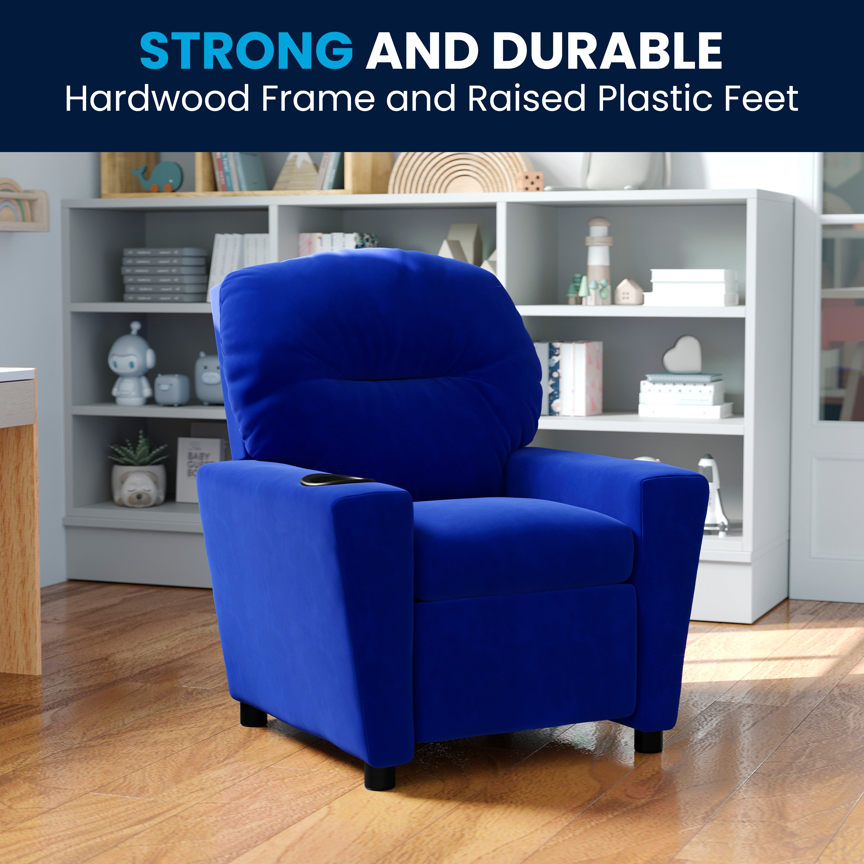 Chandler Contemporary Blue Microfiber Kids Recliner with Cup Holder