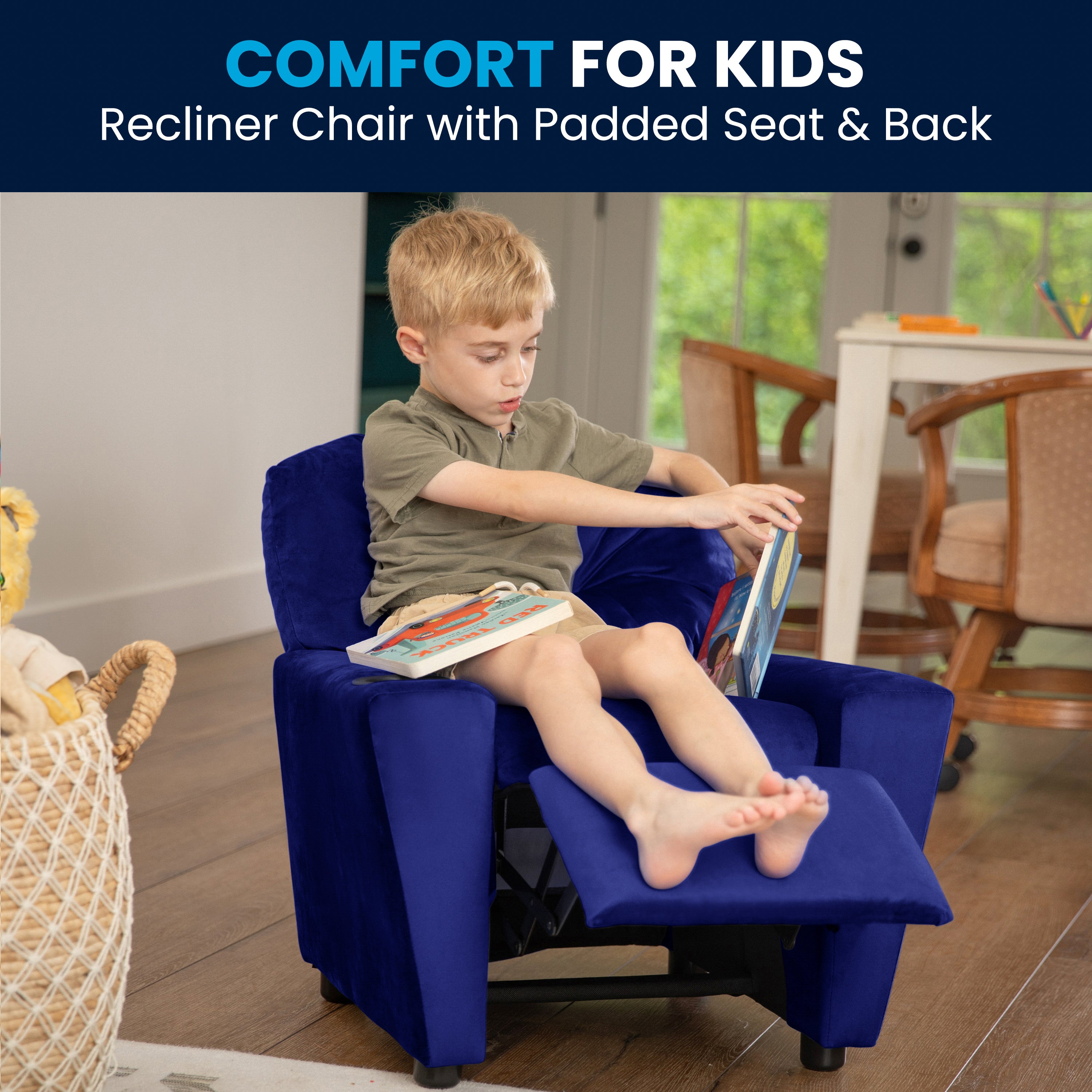 Chandler Contemporary Blue Microfiber Kids Recliner with Cup Holder