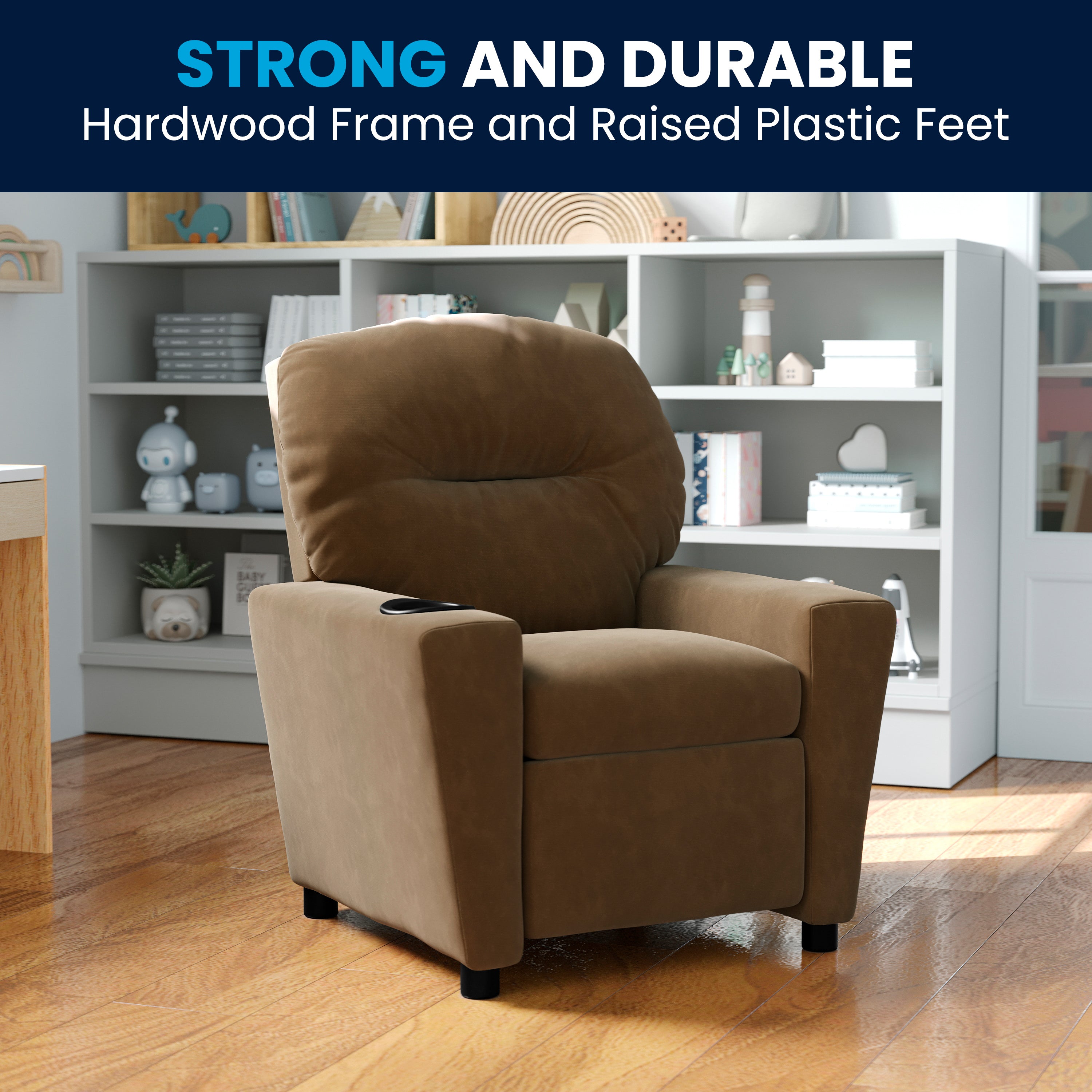 Chandler Contemporary Brown Microfiber Kids Recliner with Cup Holder