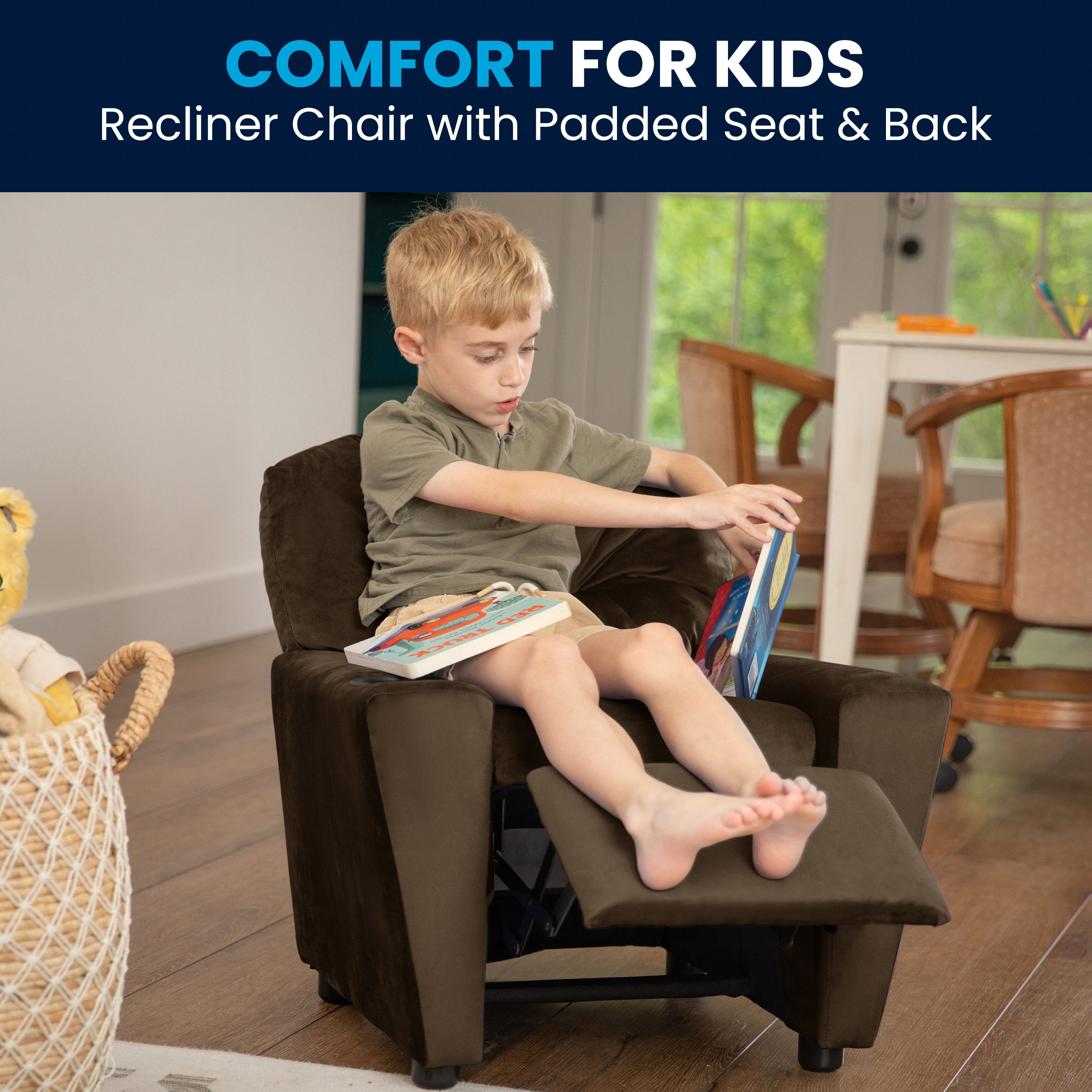 Chandler Contemporary Brown Microfiber Kids Recliner with Cup Holder