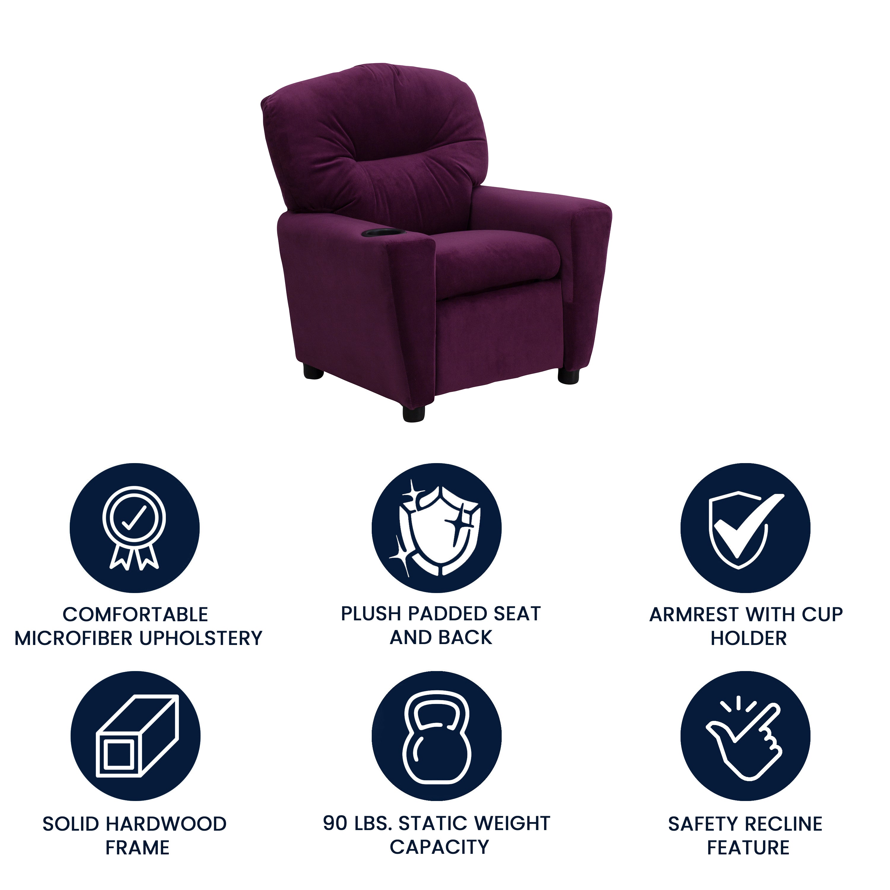 Chandler Contemporary Purple Microfiber Kids Recliner with Cup Holder