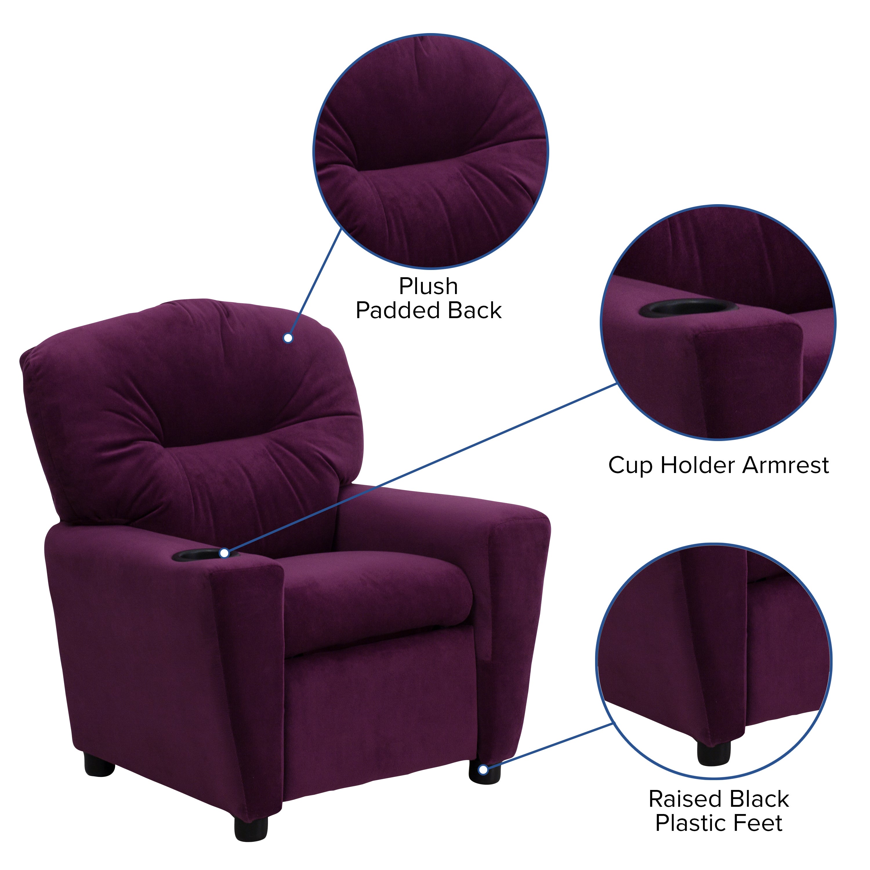 Chandler Contemporary Purple Microfiber Kids Recliner with Cup Holder