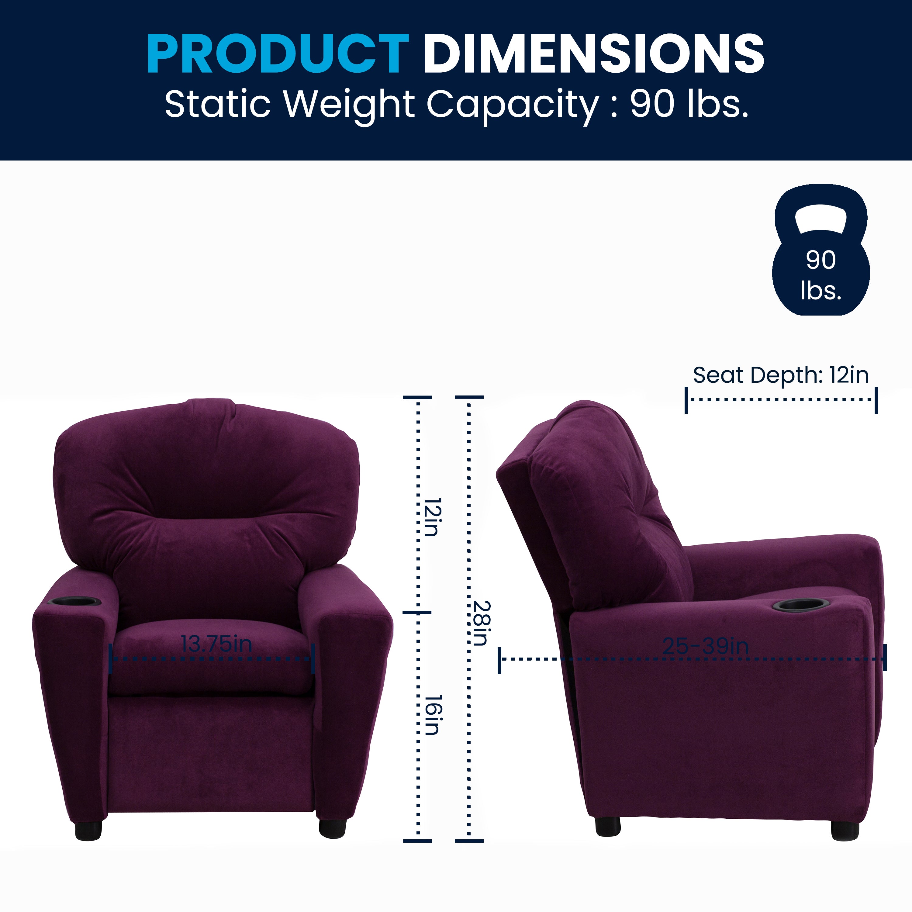 Chandler Contemporary Purple Microfiber Kids Recliner with Cup Holder