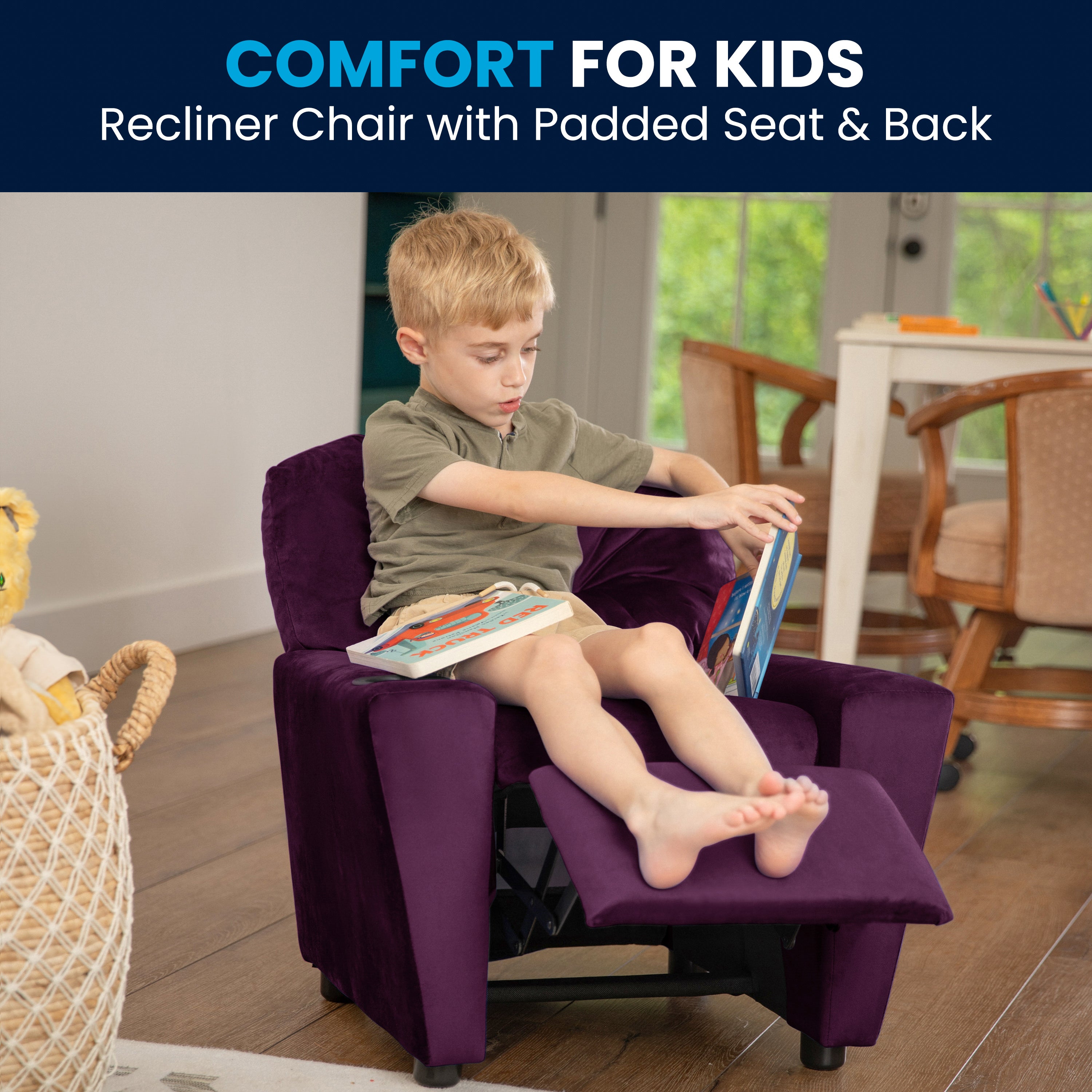 Chandler Contemporary Purple Microfiber Kids Recliner with Cup Holder