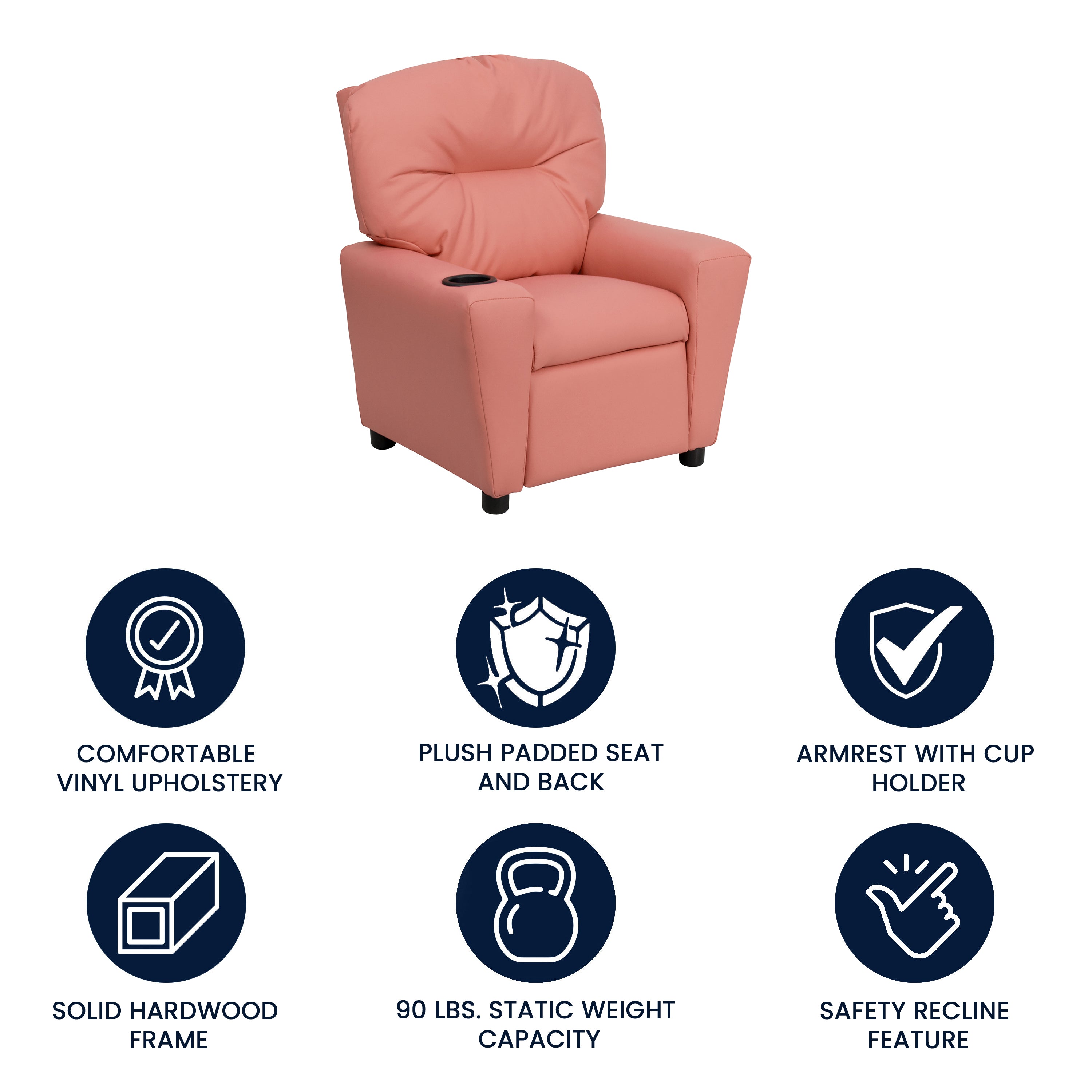 Chandler Contemporary Pink Vinyl Kids Recliner with Cup Holder