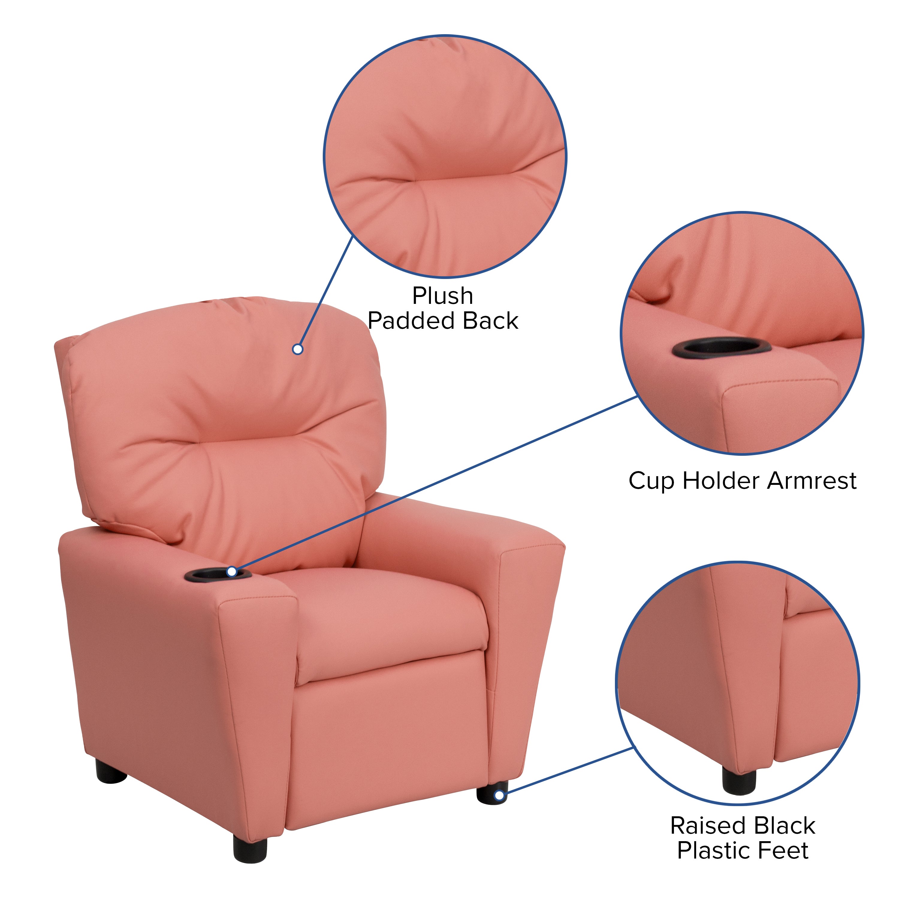 Chandler Contemporary Pink Vinyl Kids Recliner with Cup Holder