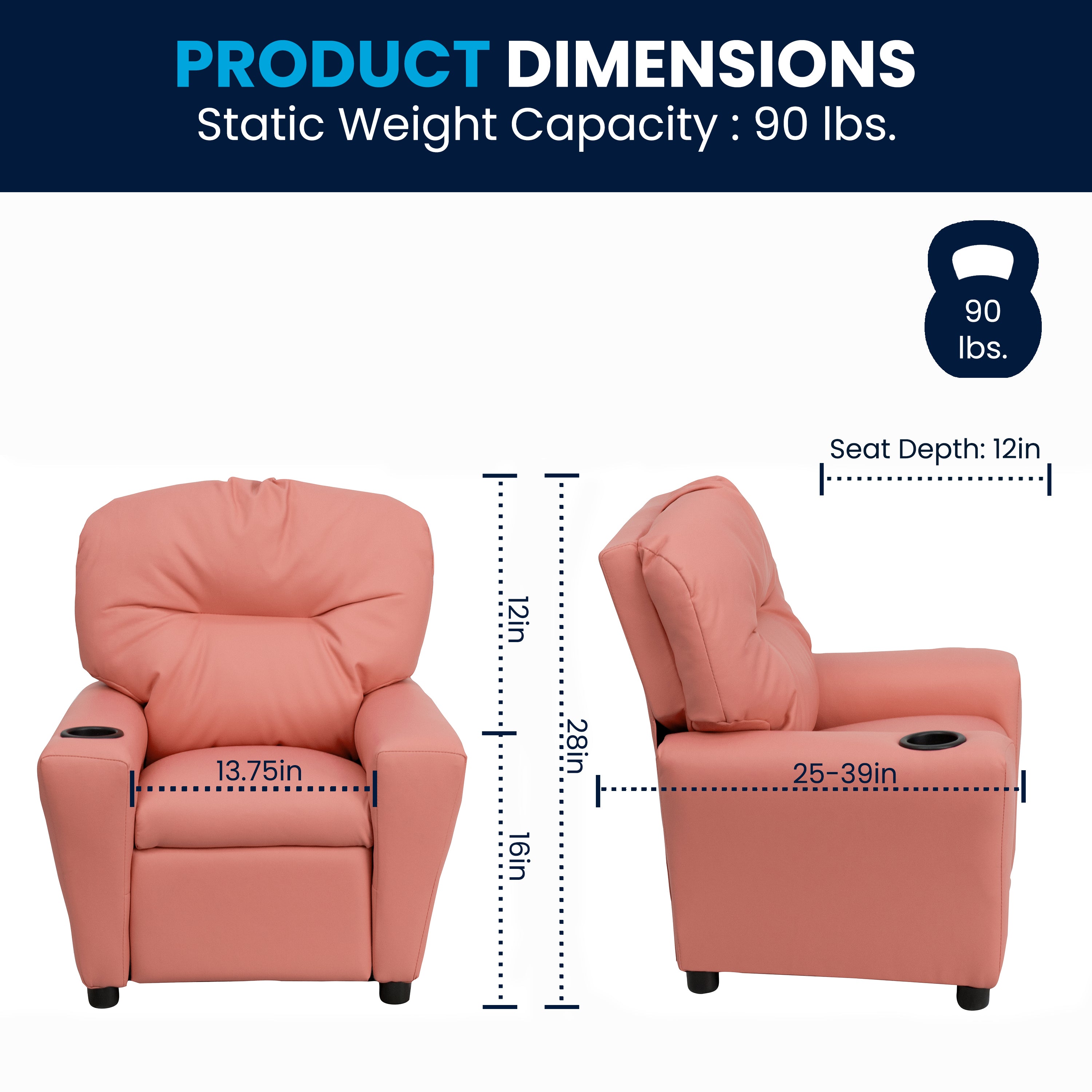 Chandler Contemporary Pink Vinyl Kids Recliner with Cup Holder
