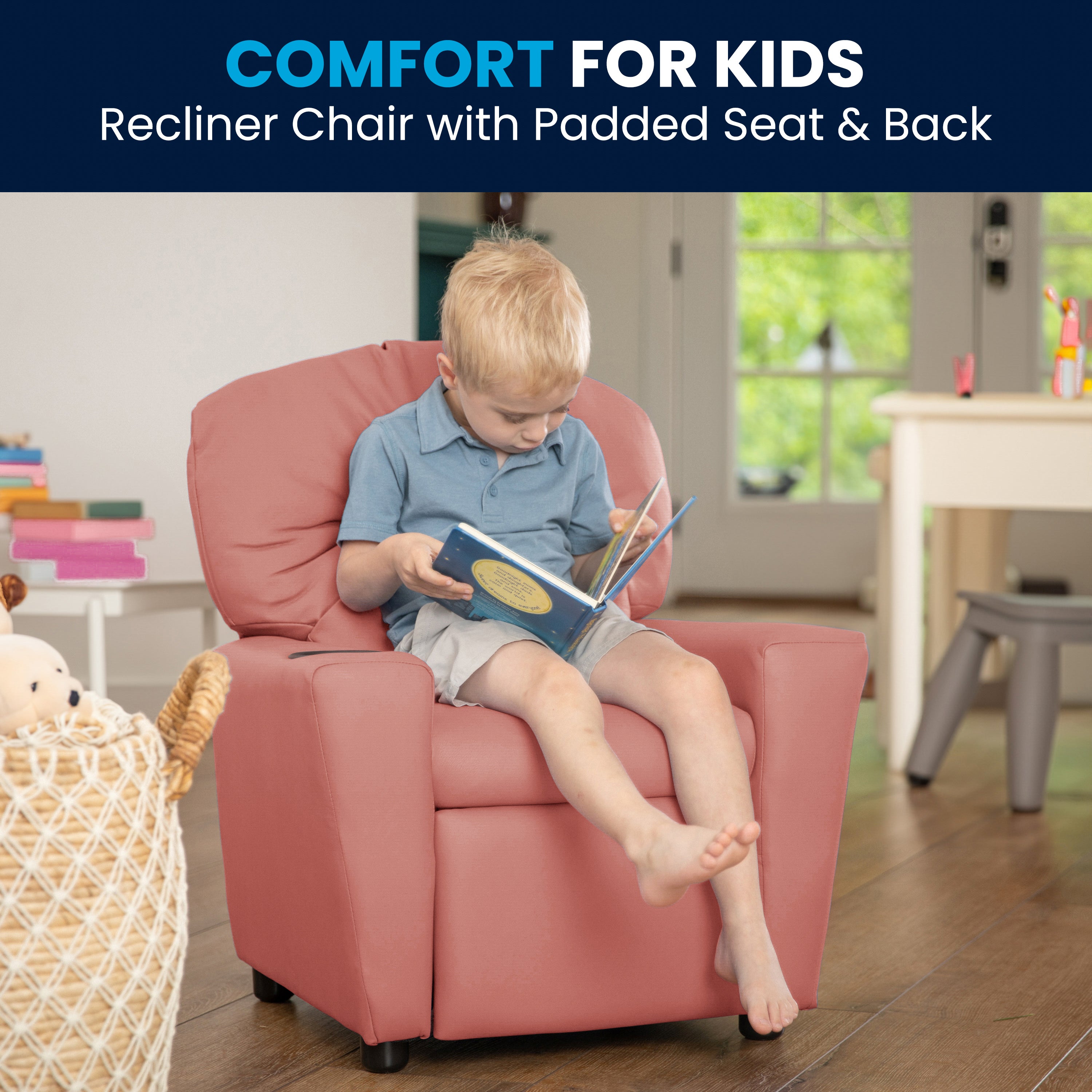 Chandler Contemporary Pink Vinyl Kids Recliner with Cup Holder