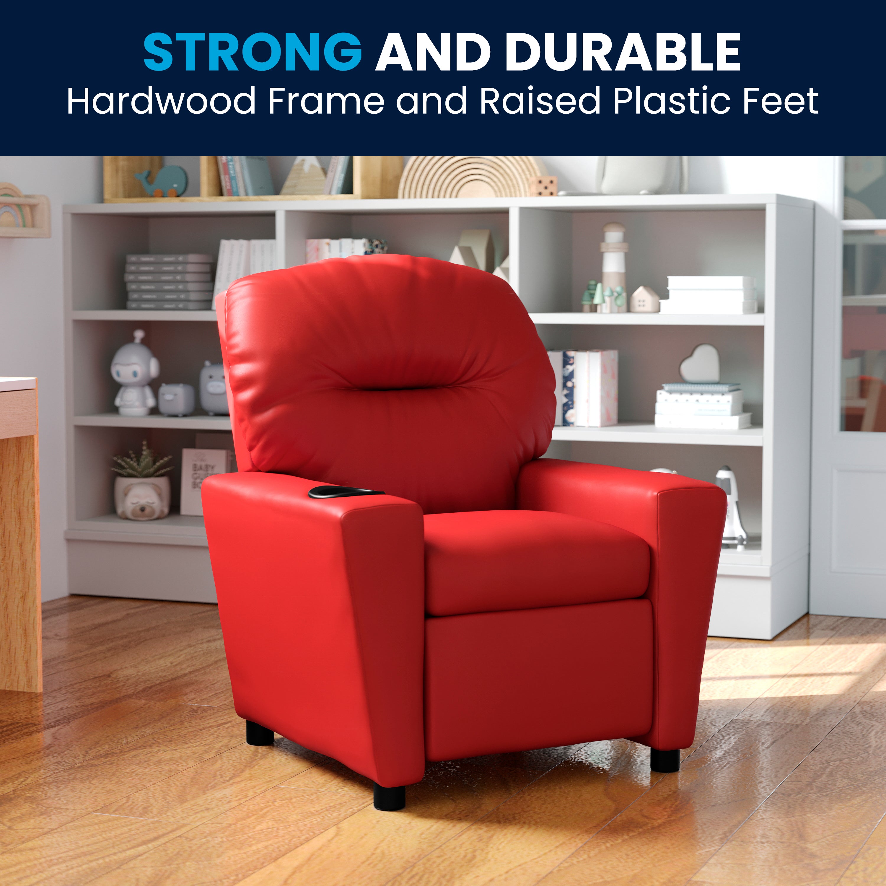 Chandler Contemporary Red Vinyl Kids Recliner with Cup Holder