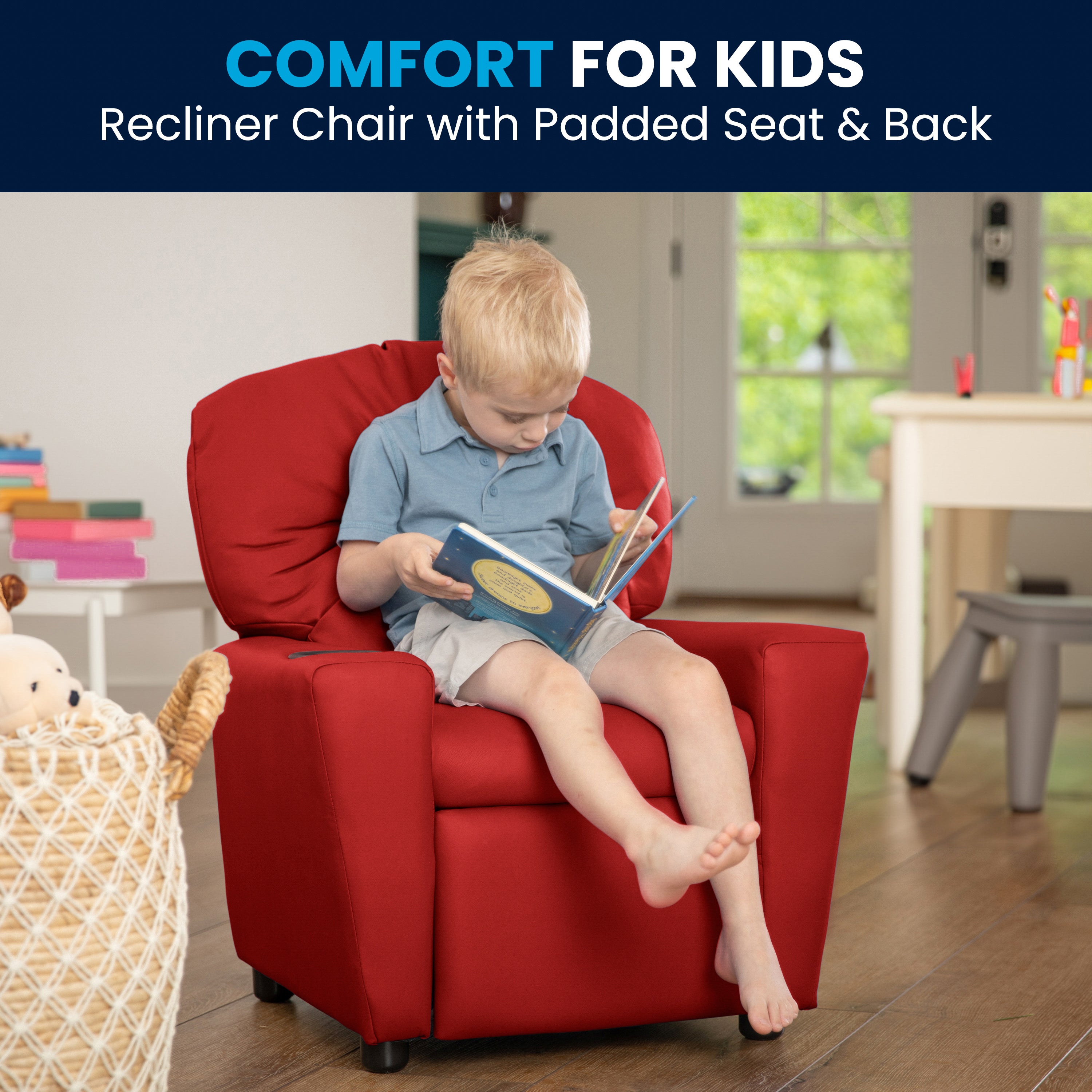 Chandler Contemporary Red Vinyl Kids Recliner with Cup Holder