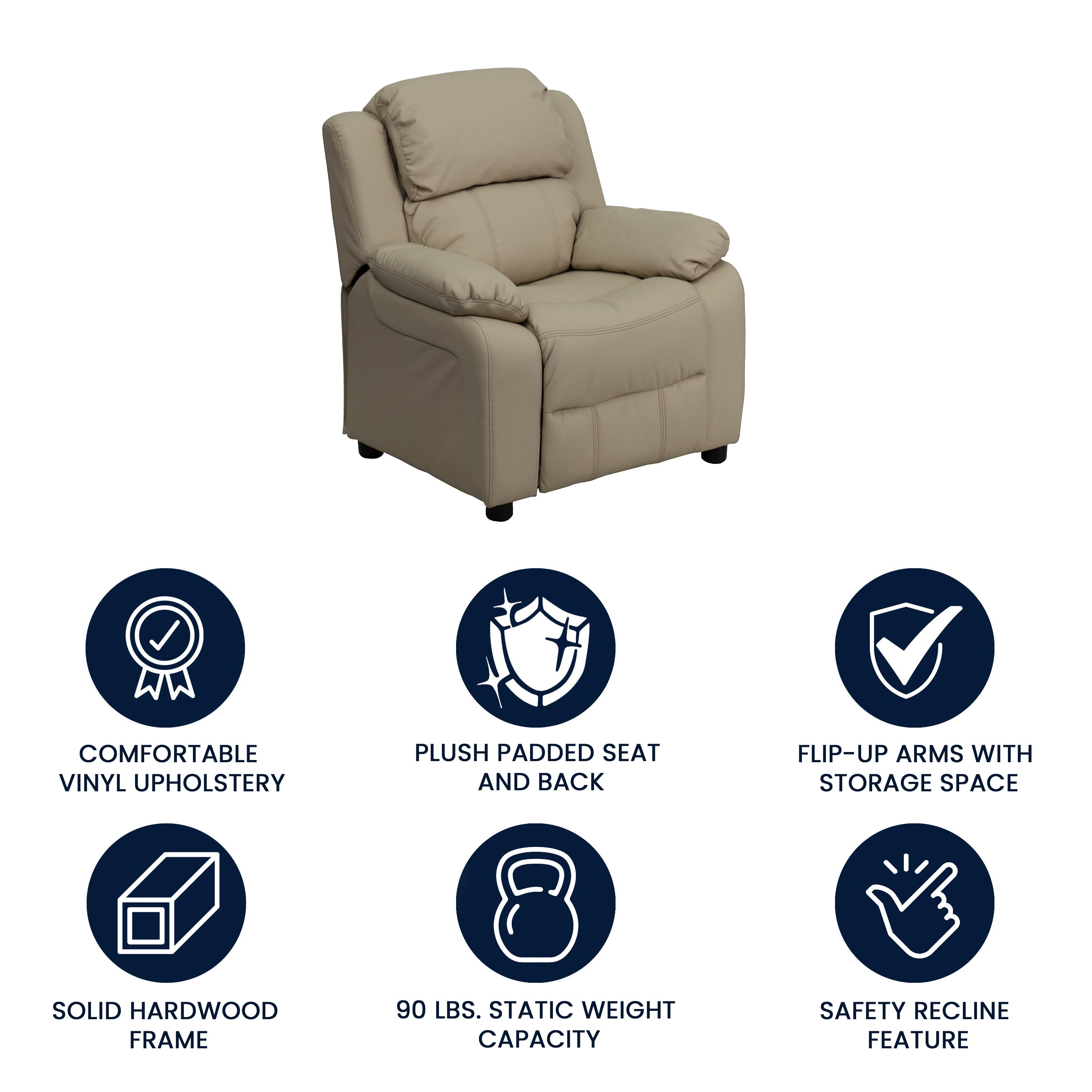 Charlie Deluxe Padded Contemporary Beige Vinyl Kids Recliner with Storage Arms