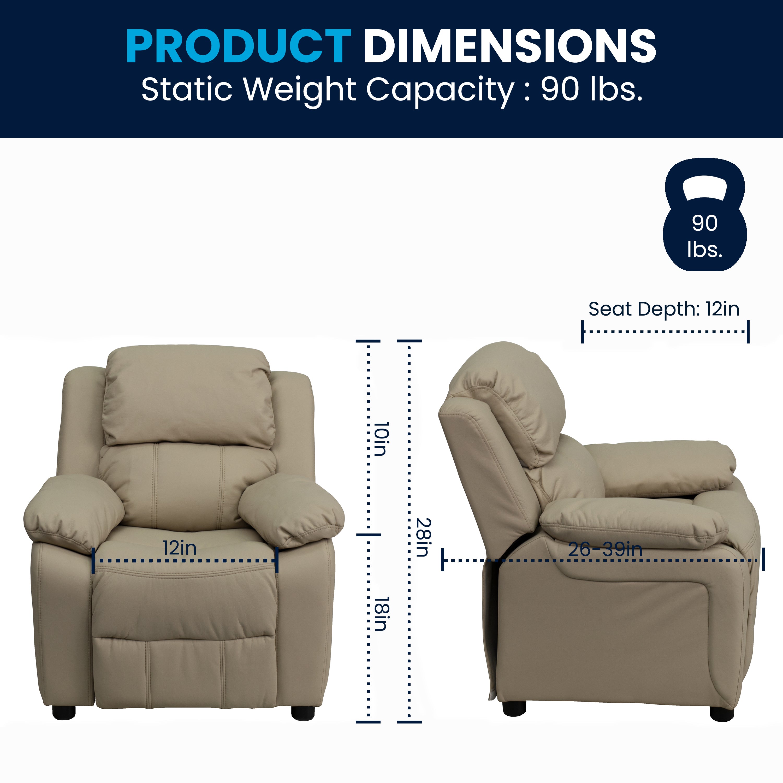 Charlie Deluxe Padded Contemporary Beige Vinyl Kids Recliner with Storage Arms