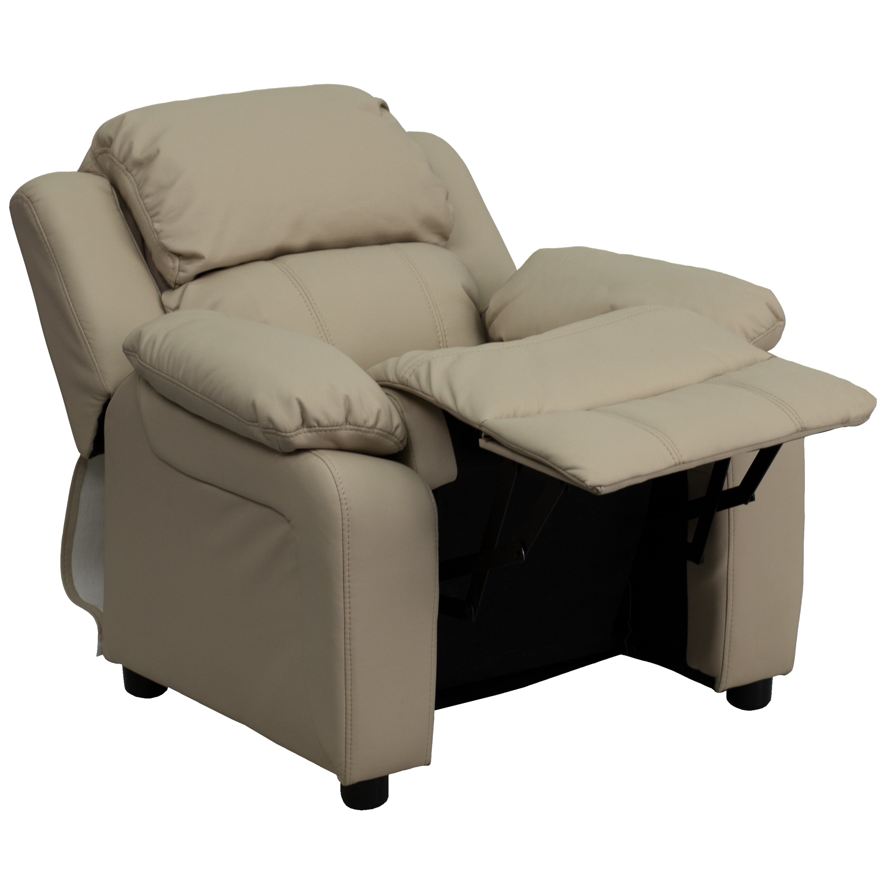 Charlie Deluxe Padded Contemporary Beige Vinyl Kids Recliner with Storage Arms