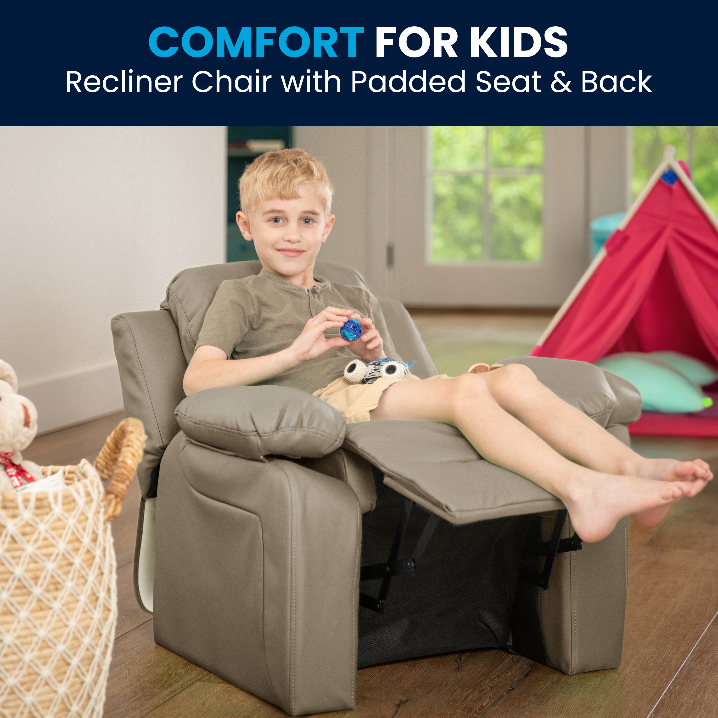 Charlie Deluxe Padded Contemporary Beige Vinyl Kids Recliner with Storage Arms