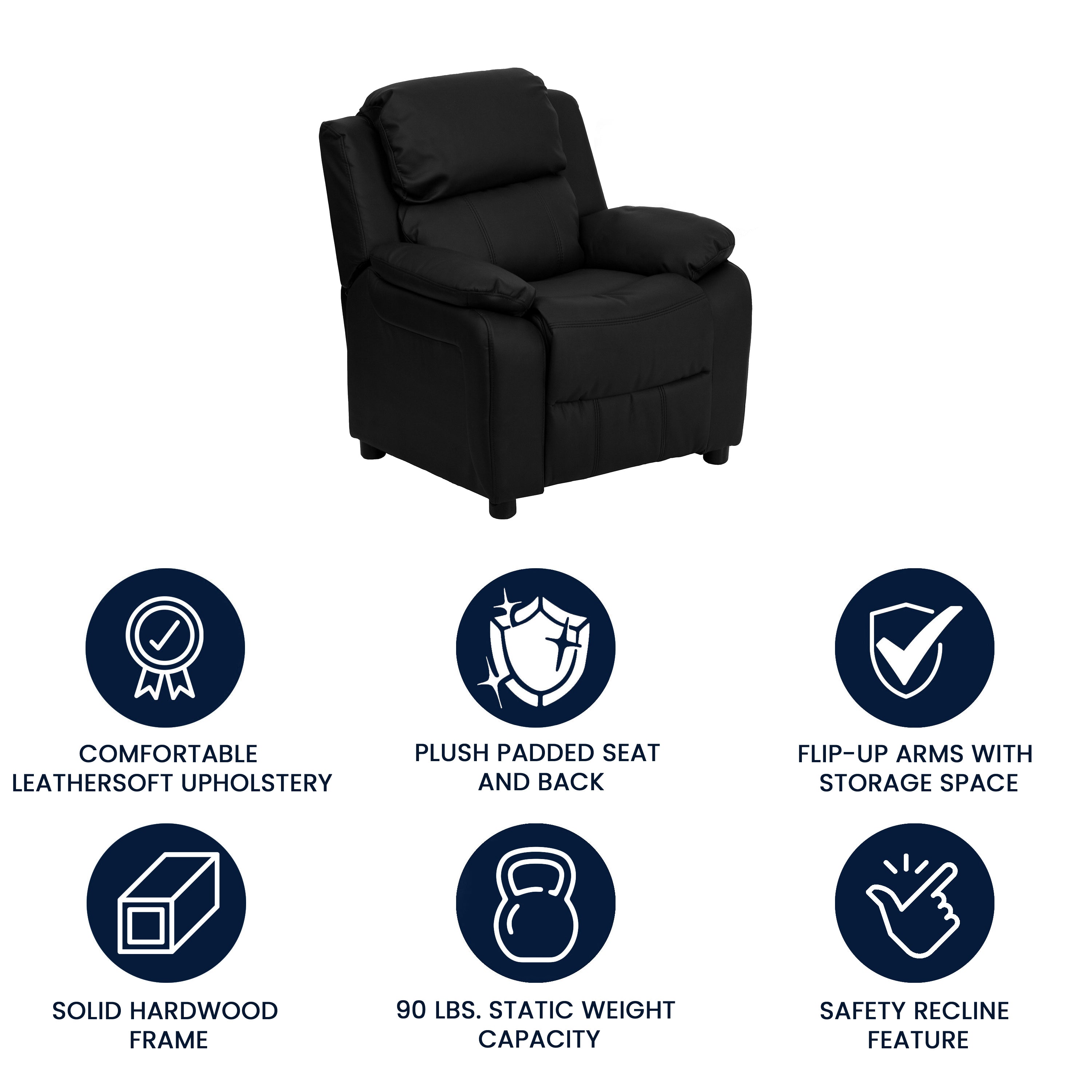 Charlie Deluxe Padded Contemporary Black LeatherSoft Kids Recliner with Storage Arms