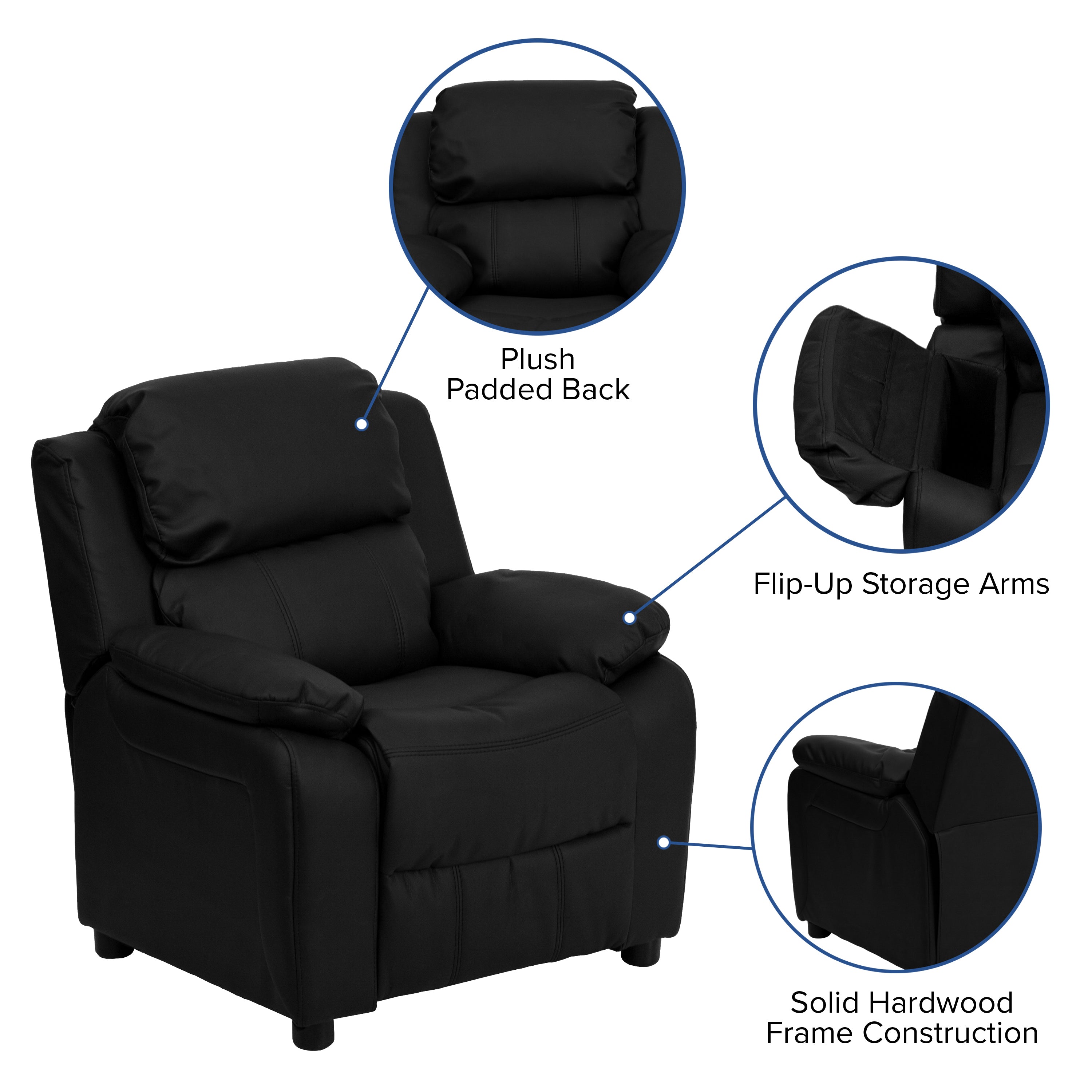 Charlie Deluxe Padded Contemporary Black LeatherSoft Kids Recliner with Storage Arms