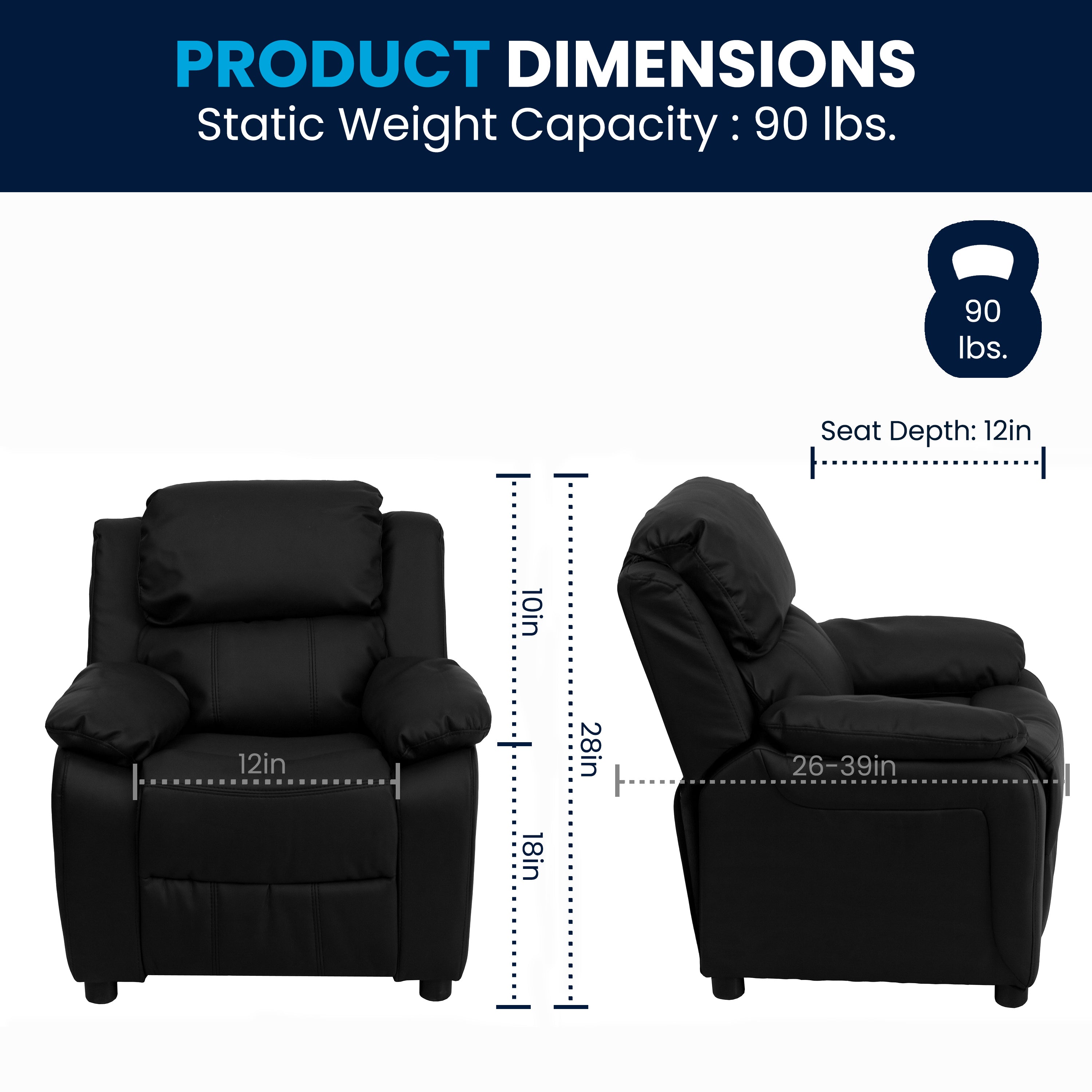 Charlie Deluxe Padded Contemporary Black LeatherSoft Kids Recliner with Storage Arms
