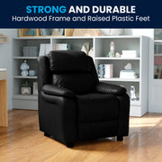 Charlie Deluxe Padded Contemporary Black LeatherSoft Kids Recliner with Storage Arms