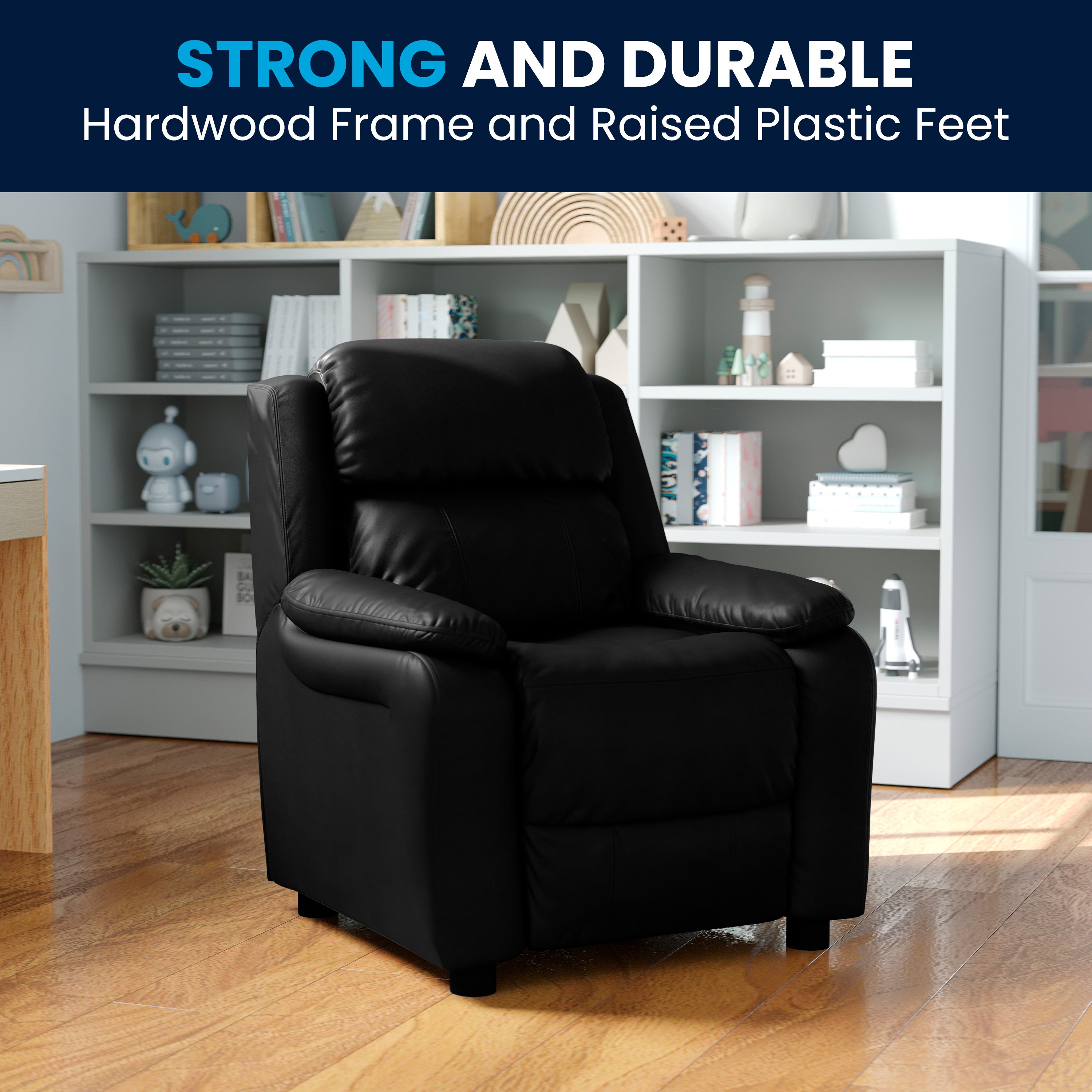 Charlie Deluxe Padded Contemporary Black LeatherSoft Kids Recliner with Storage Arms