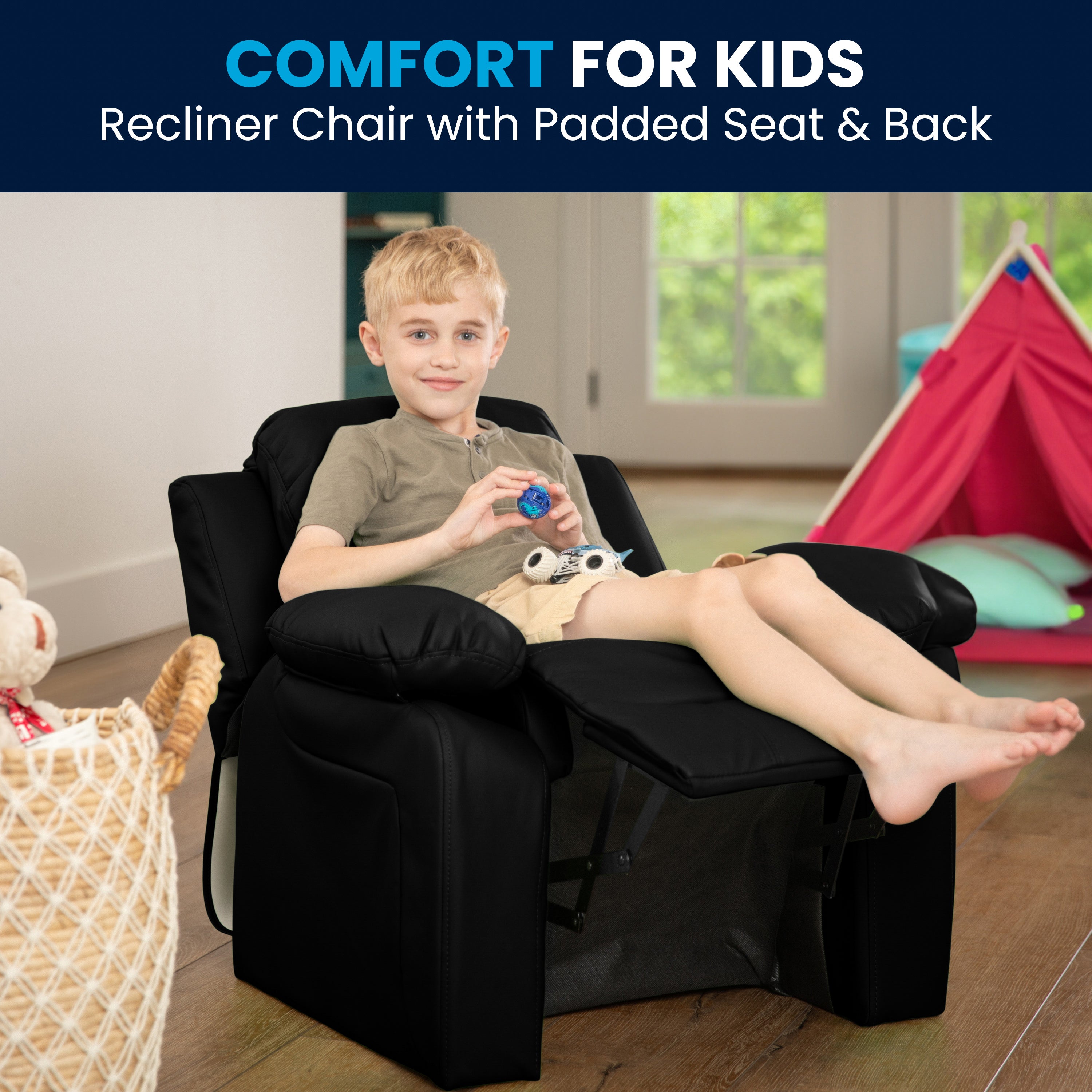 Charlie Deluxe Padded Contemporary Black LeatherSoft Kids Recliner with Storage Arms