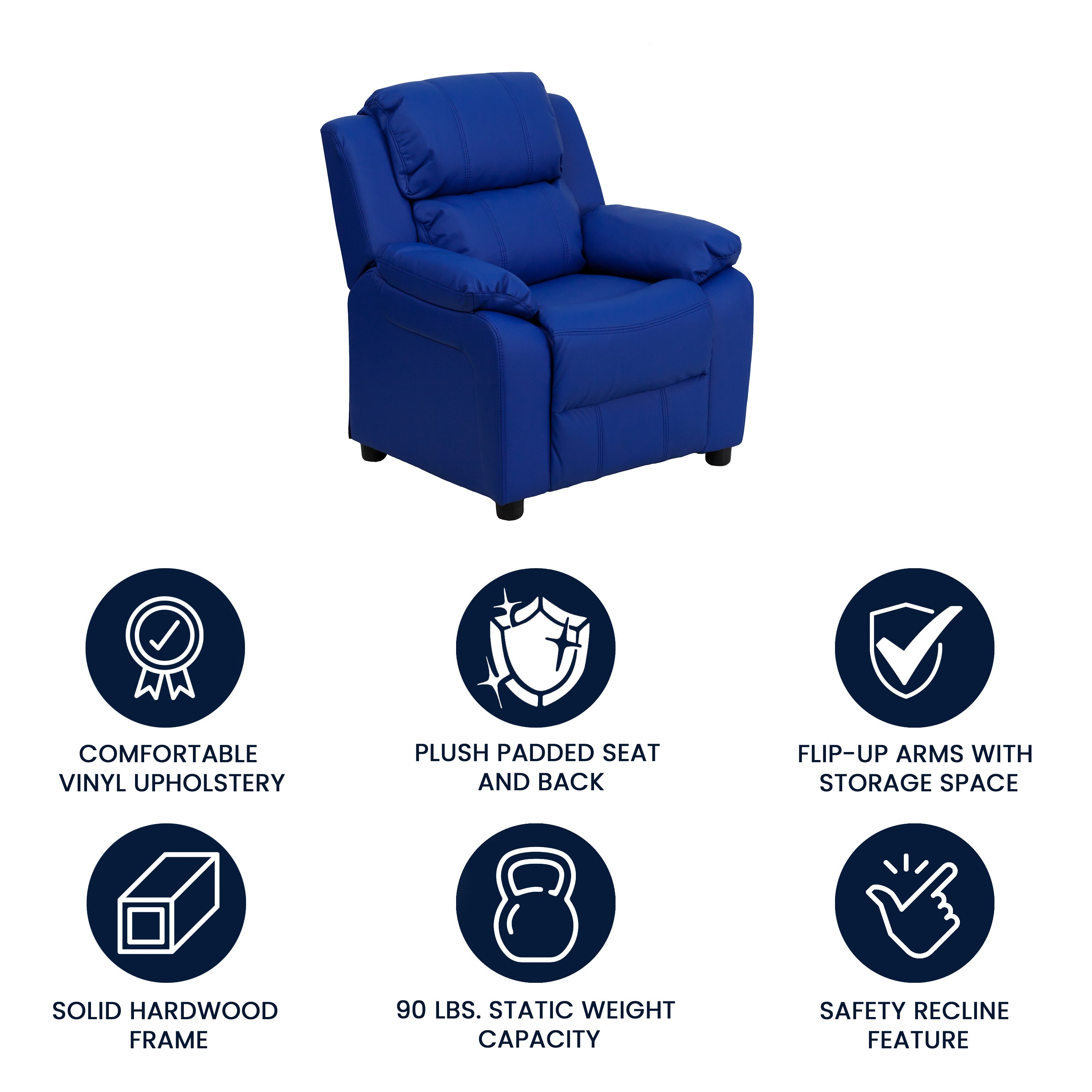 Charlie Deluxe Padded Contemporary Blue Vinyl Kids Recliner with Storage Arms