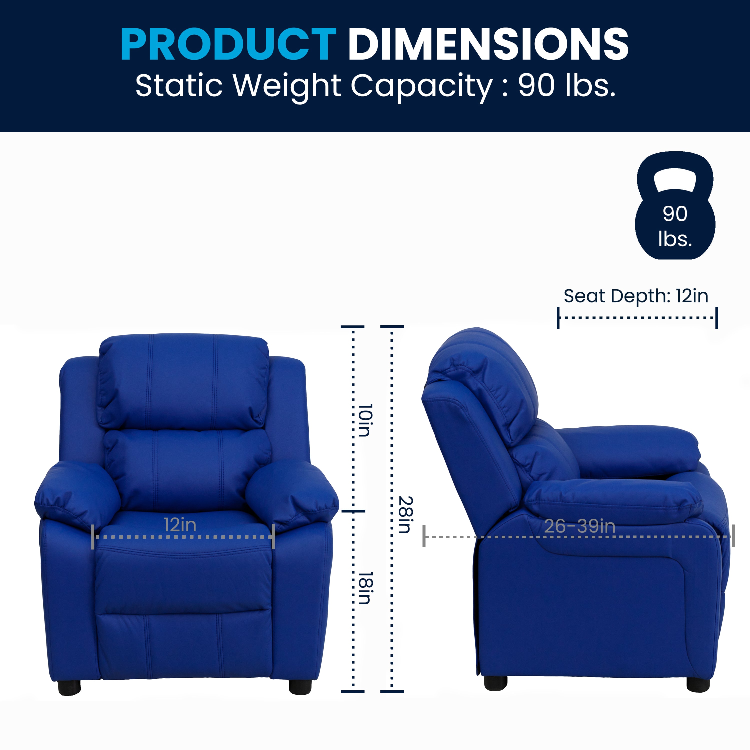 Charlie Deluxe Padded Contemporary Blue Vinyl Kids Recliner with Storage Arms