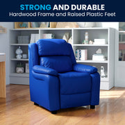 Charlie Deluxe Padded Contemporary Blue Vinyl Kids Recliner with Storage Arms